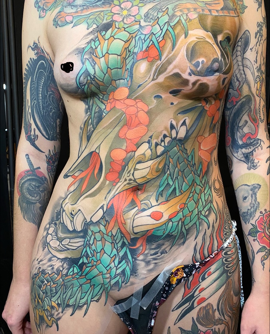 Tattoo by @sacred_crow — japanese_irezumi, dotwork