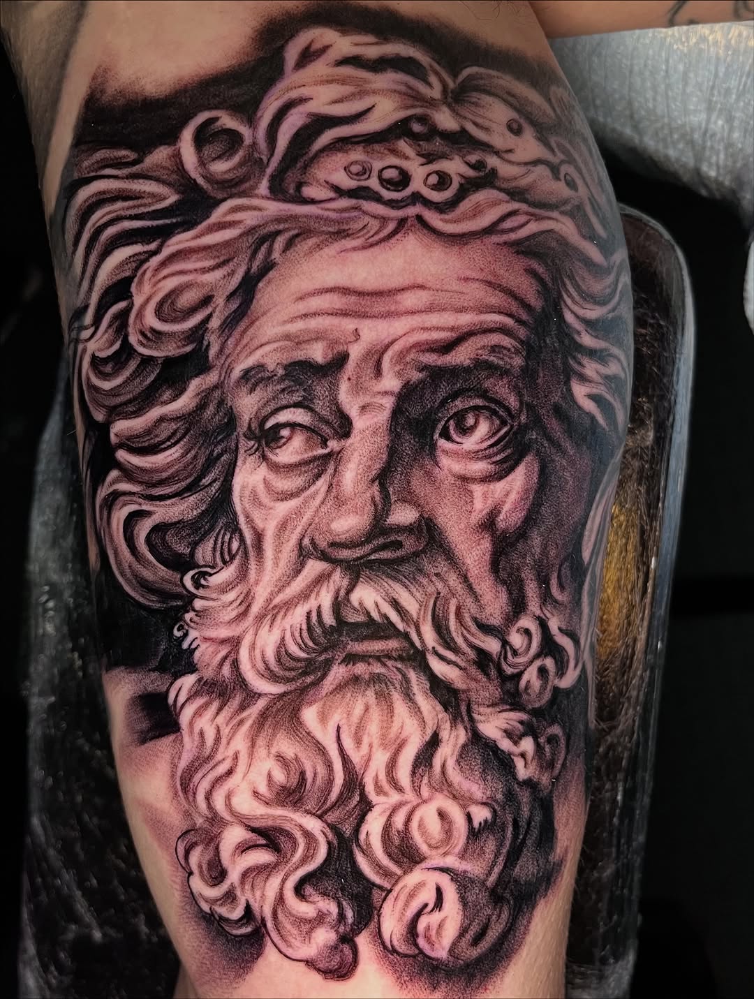 Portrait of an old man surrealism tattoo on the forearm by "el asere, el zurdo"