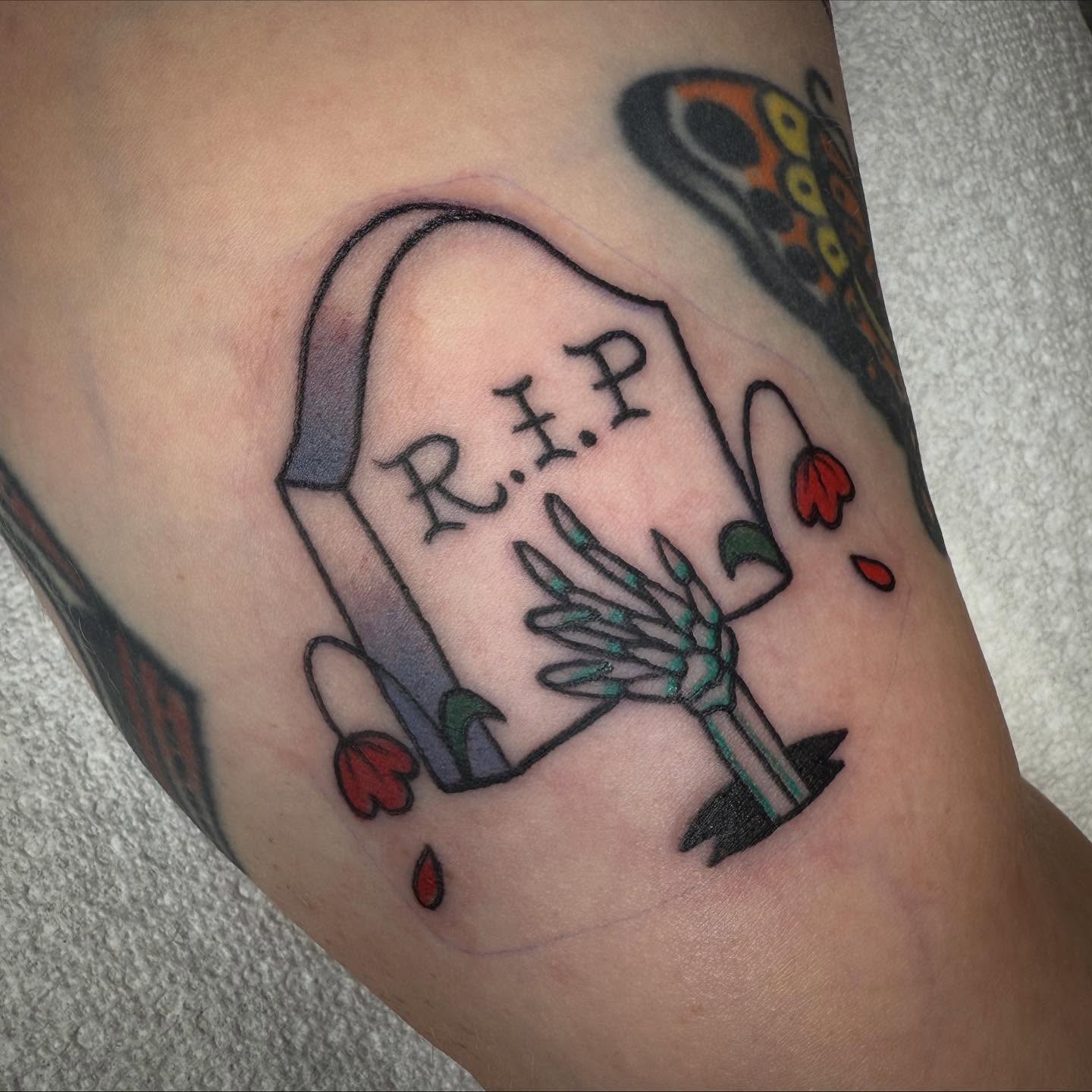 Graveyard scene American traditional tattoo on the forearm by Michelle