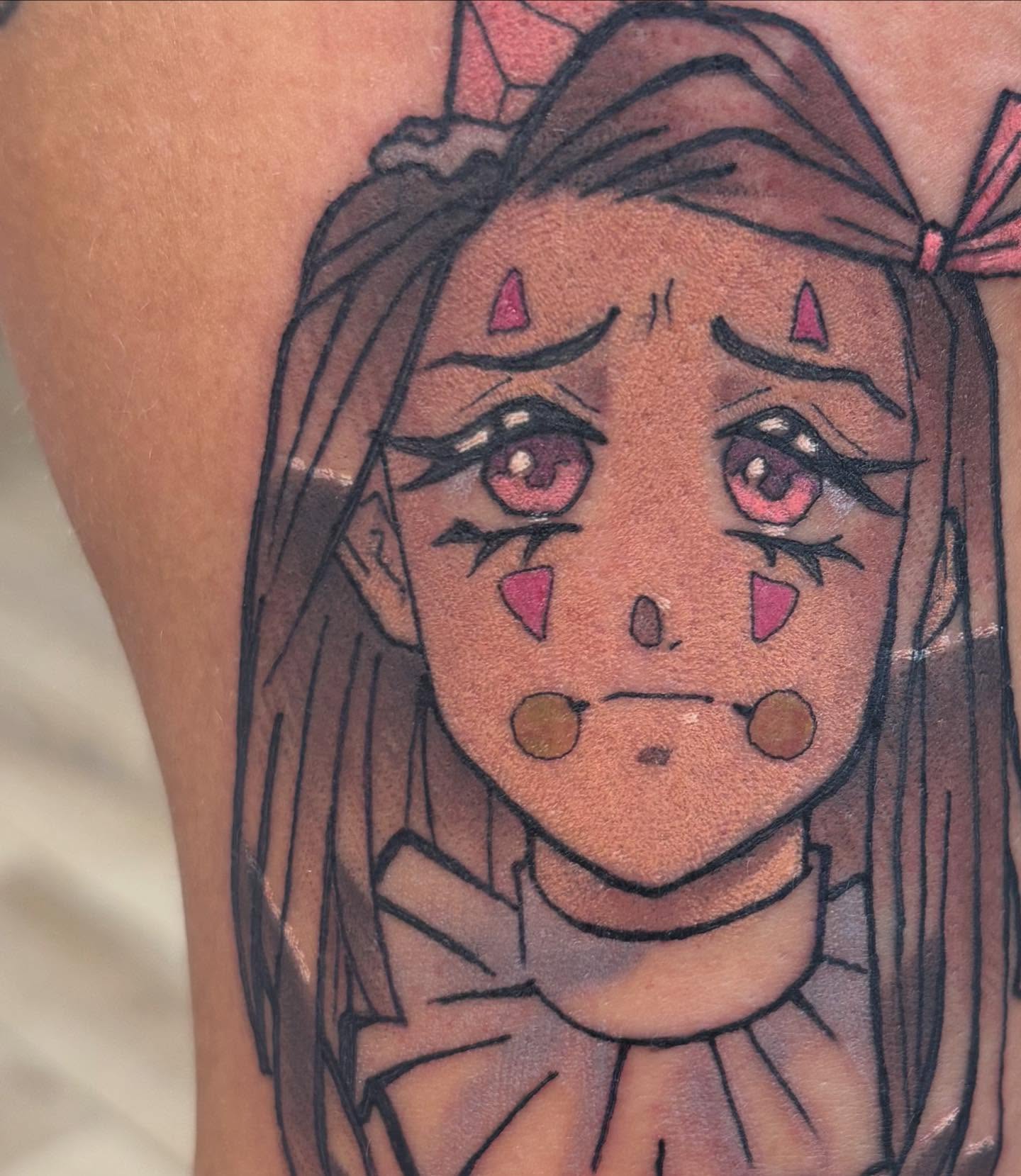 Anime girl anime tattoo on the thigh by Gabby