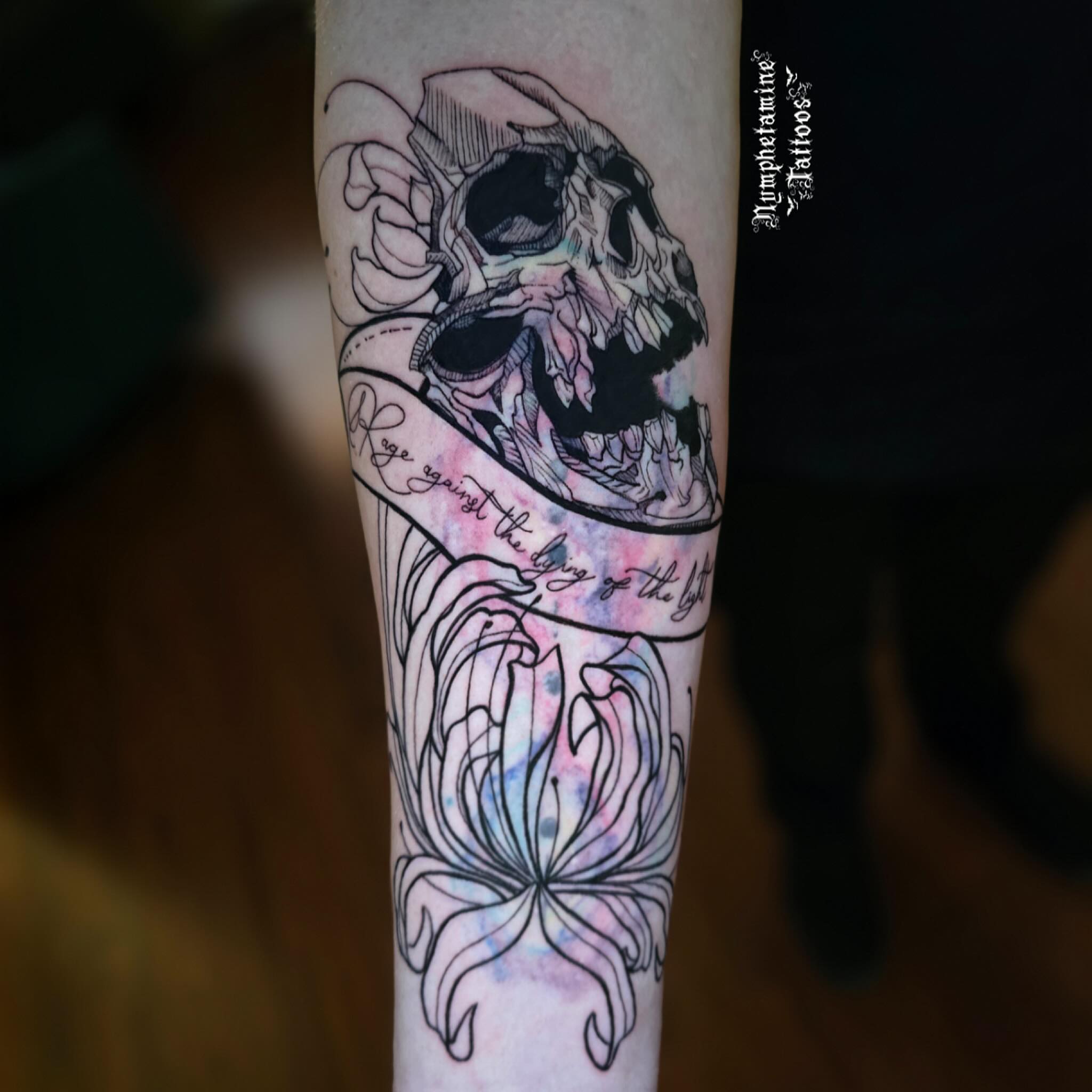 Skull and chrysanthemum realism tattoo on the forearm by ๐ธ๐๐๐๐๐๐๐๐