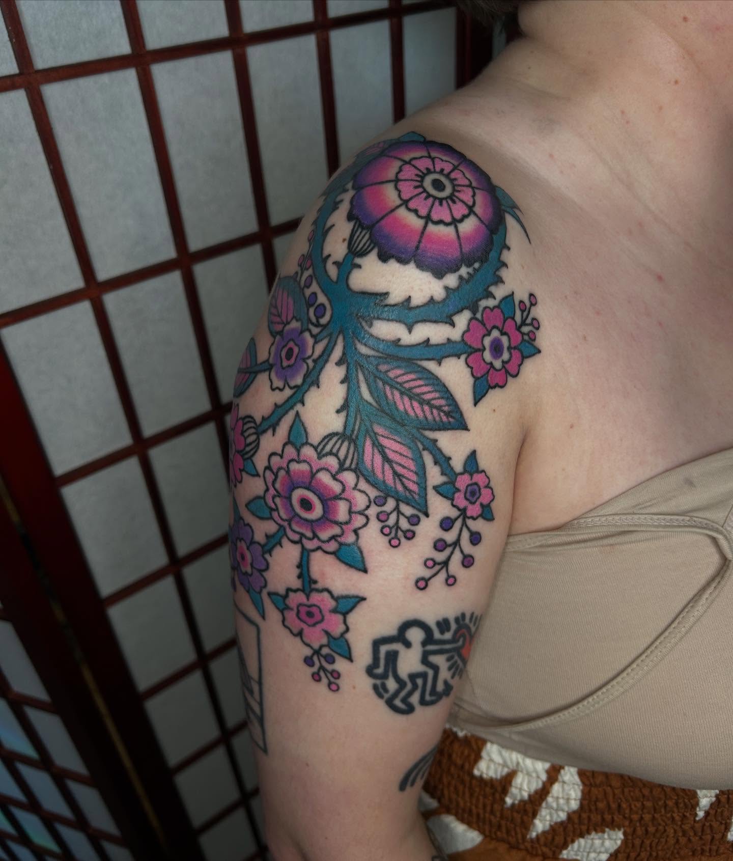 Floral arrangement new school tattoo on the shoulder by ☻ darby robertson ☻