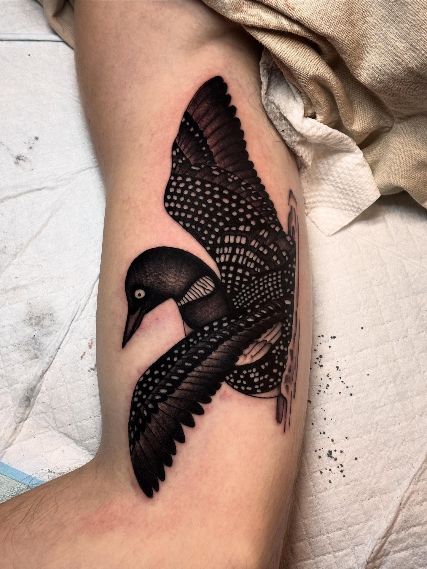 Loon dotwork tattoo on the forearm by ๐๐ซ๐ข๐ ๐๐ฅ๐ญ๐จ๐ง๐๐ง