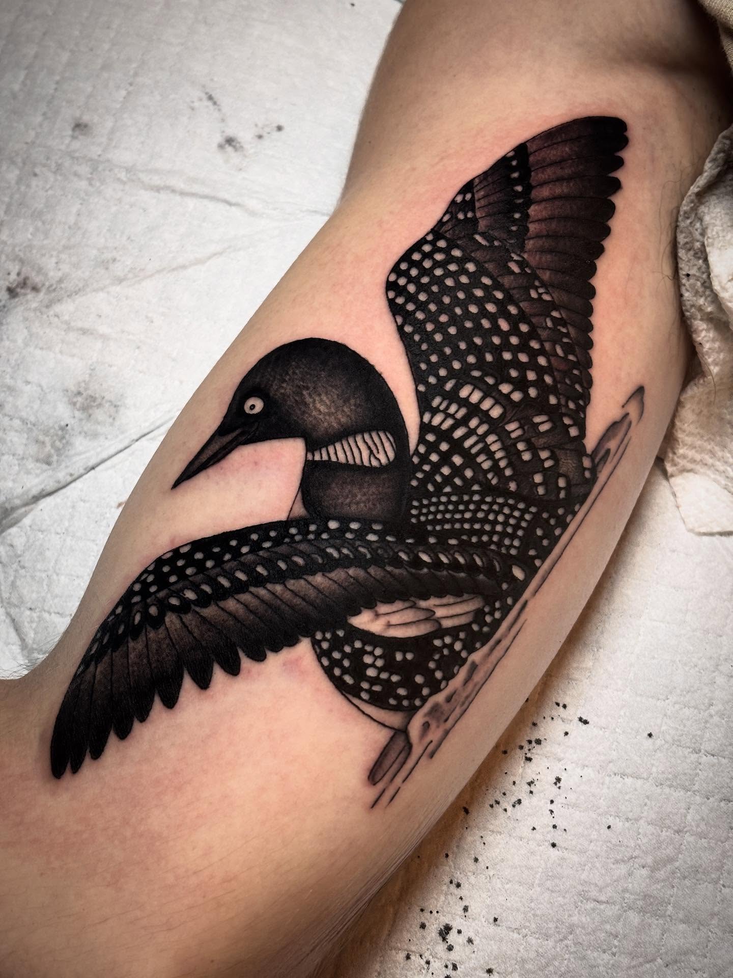 Loon dotwork tattoo on the forearm by ๐๐ซ๐ข๐ ๐๐ฅ๐ญ๐จ๐ง๐๐ง