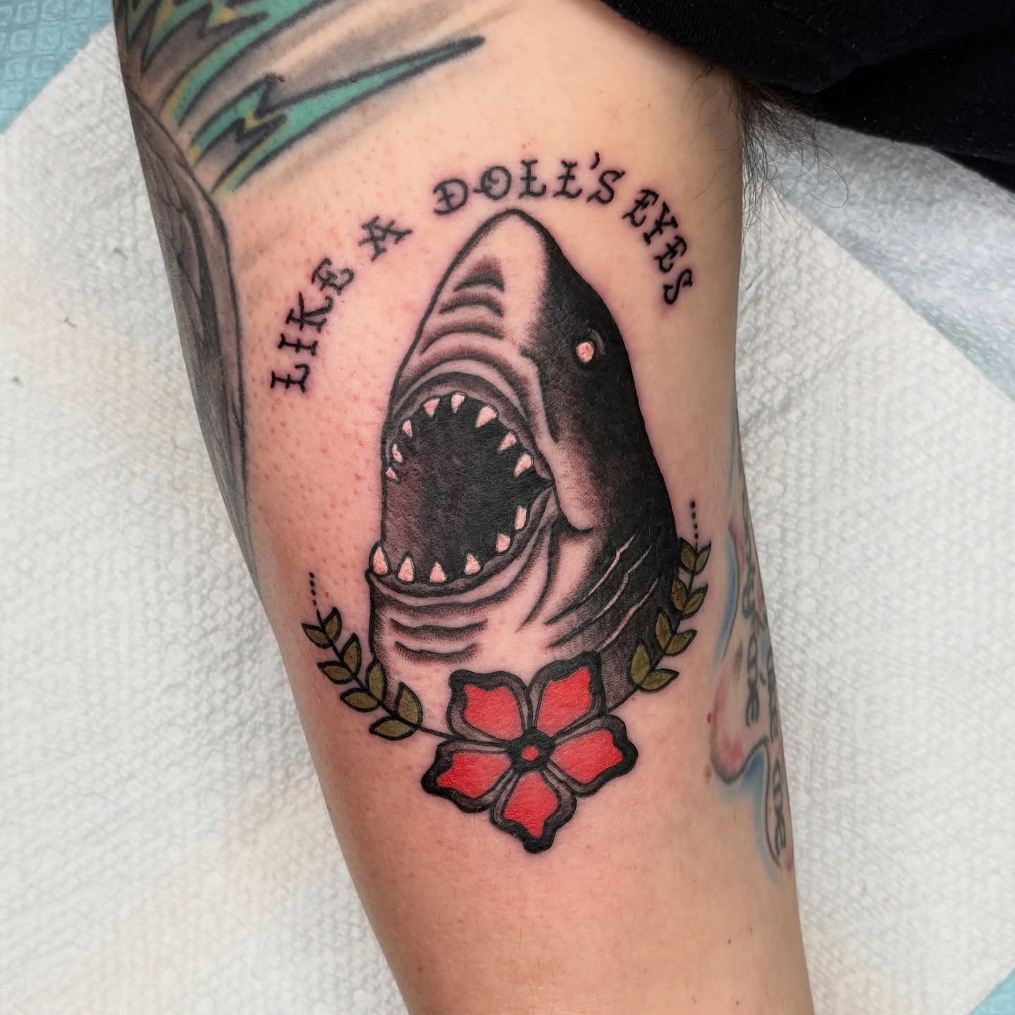 Shark American traditional tattoo on the forearm by Andre Guerra