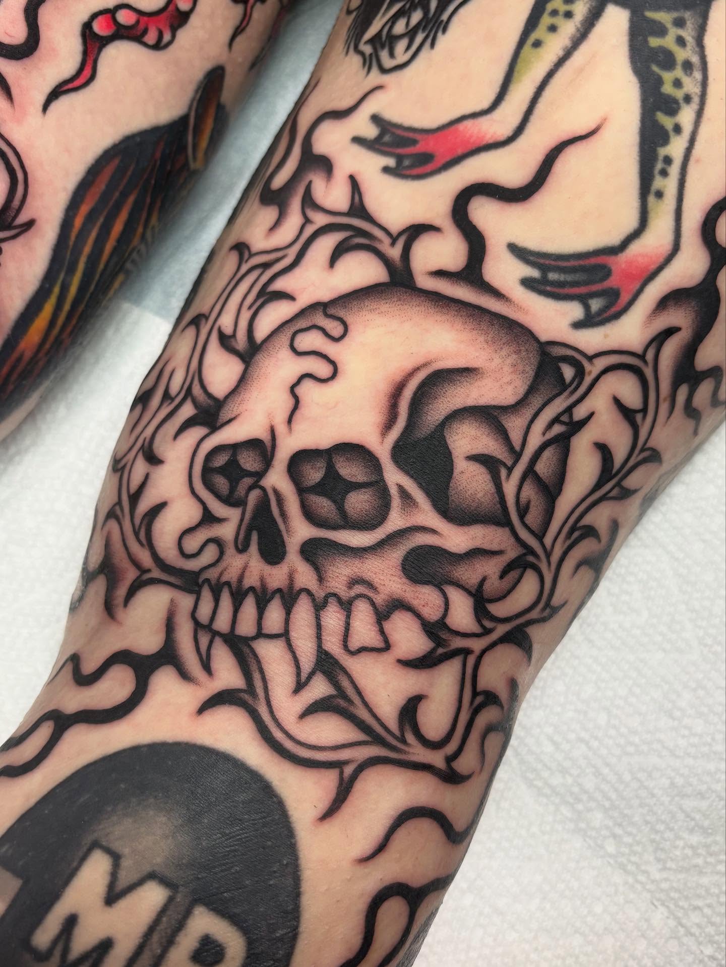 Flaming skull American traditional tattoo on the forearm by sally ★ lee