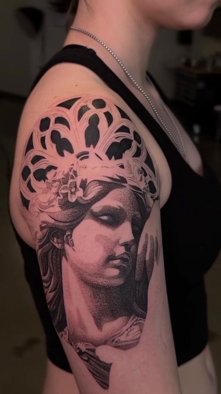 Woman's bust and crown realism tattoo by sacramento tattoo CA