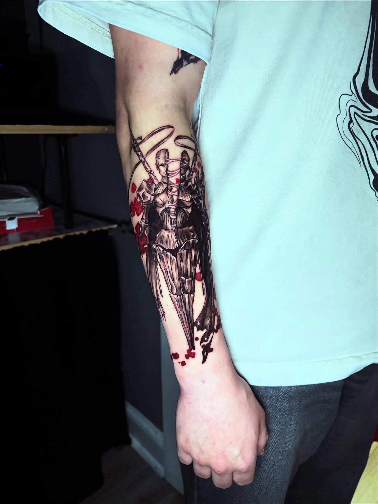 Woman with sword neo-traditional tattoo on the forearm by Kayla
