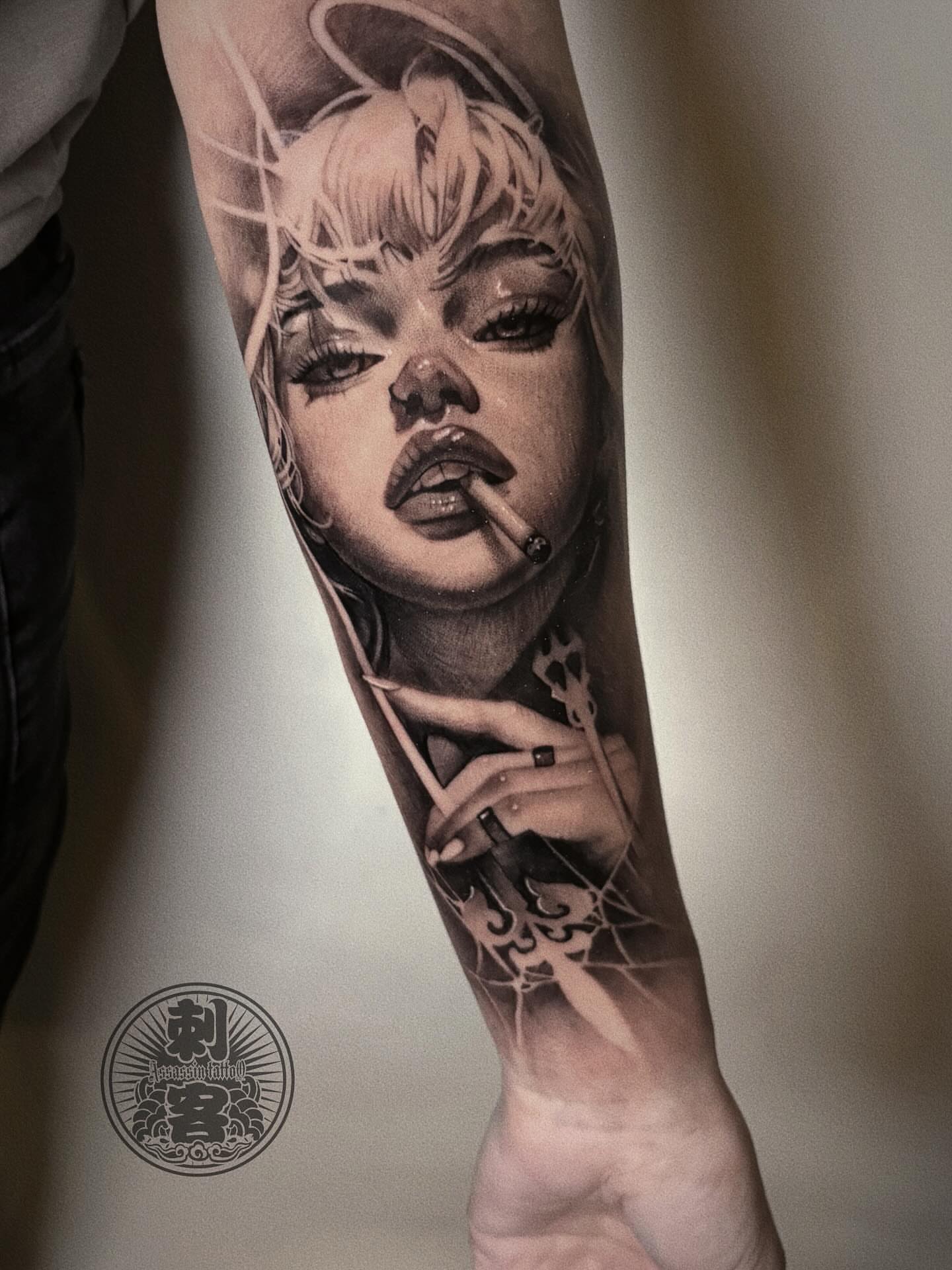 Woman smoking realism tattoo on the forearm by Duo