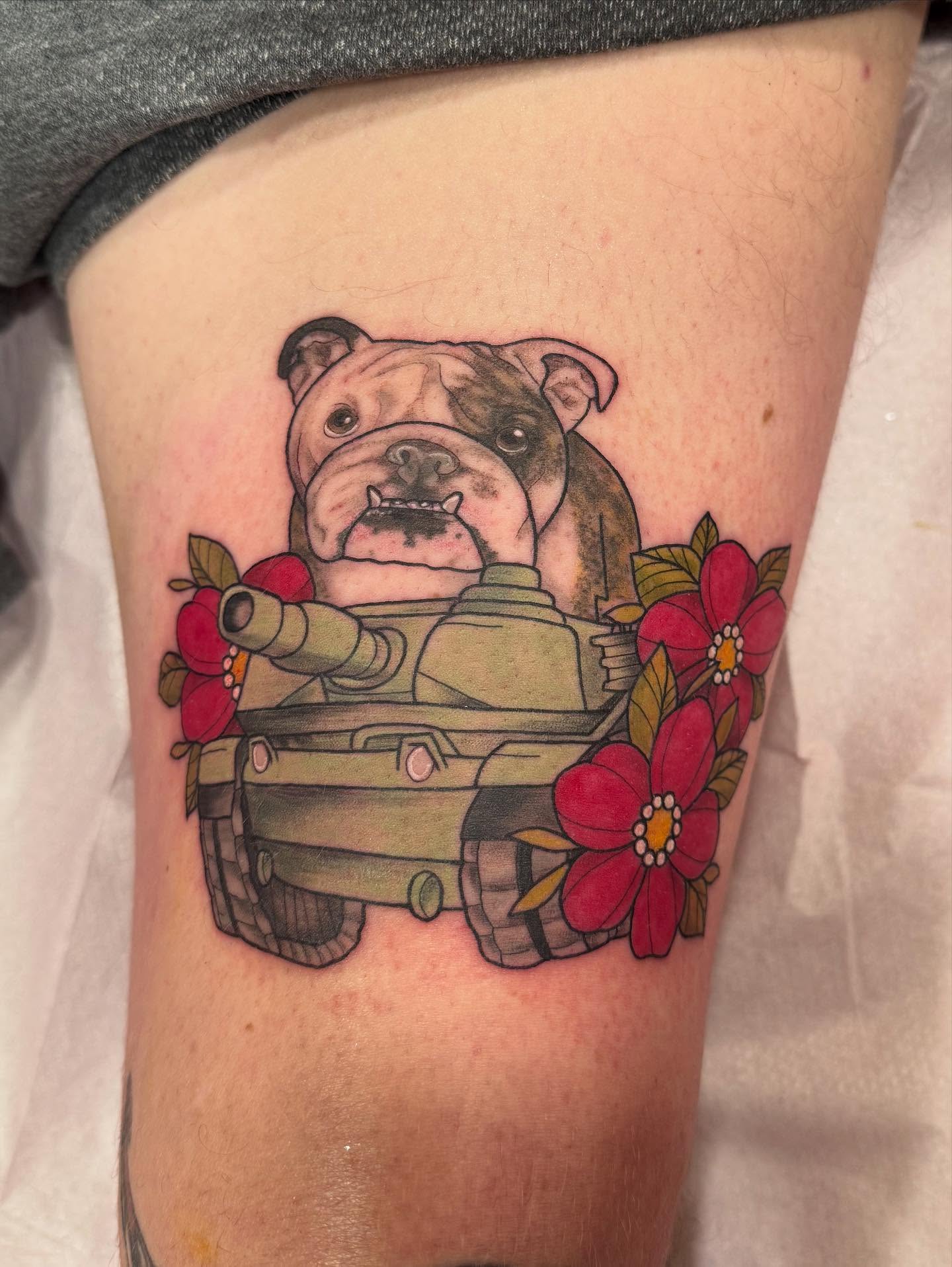 Bulldog tank realism tattoo on the thigh by Brandie Caroline, Somers Point, New Jersey