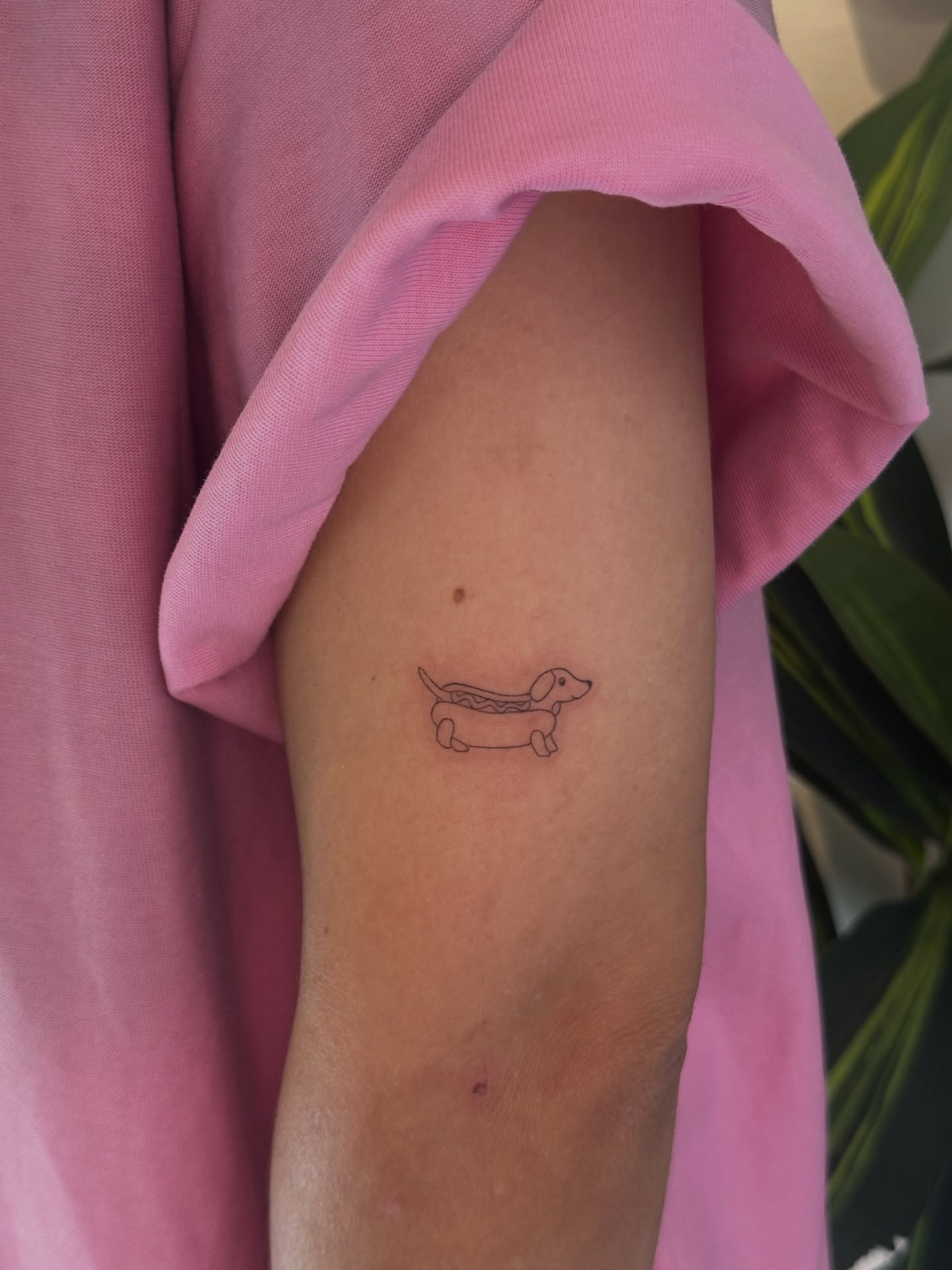 Dachshund minimalist tattoo on the forearm by Yuli Noama