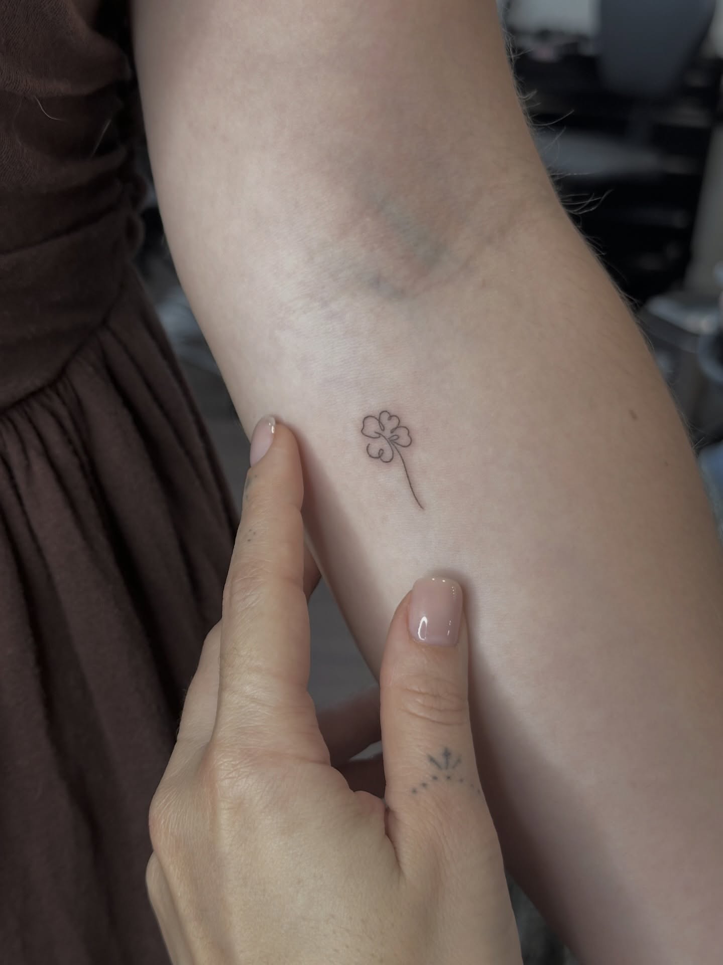 Clover fine line tattoo on the forearm by Yuli Noama