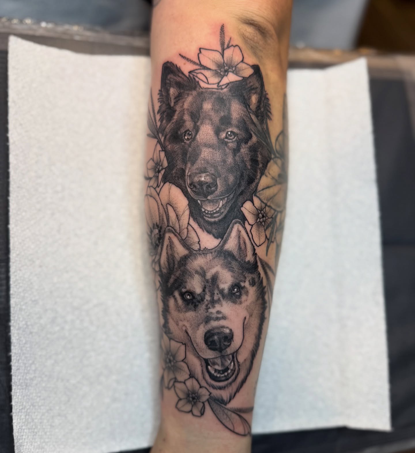 Wolf heads with flowers realism tattoo on the forearm by Erin Bratzler