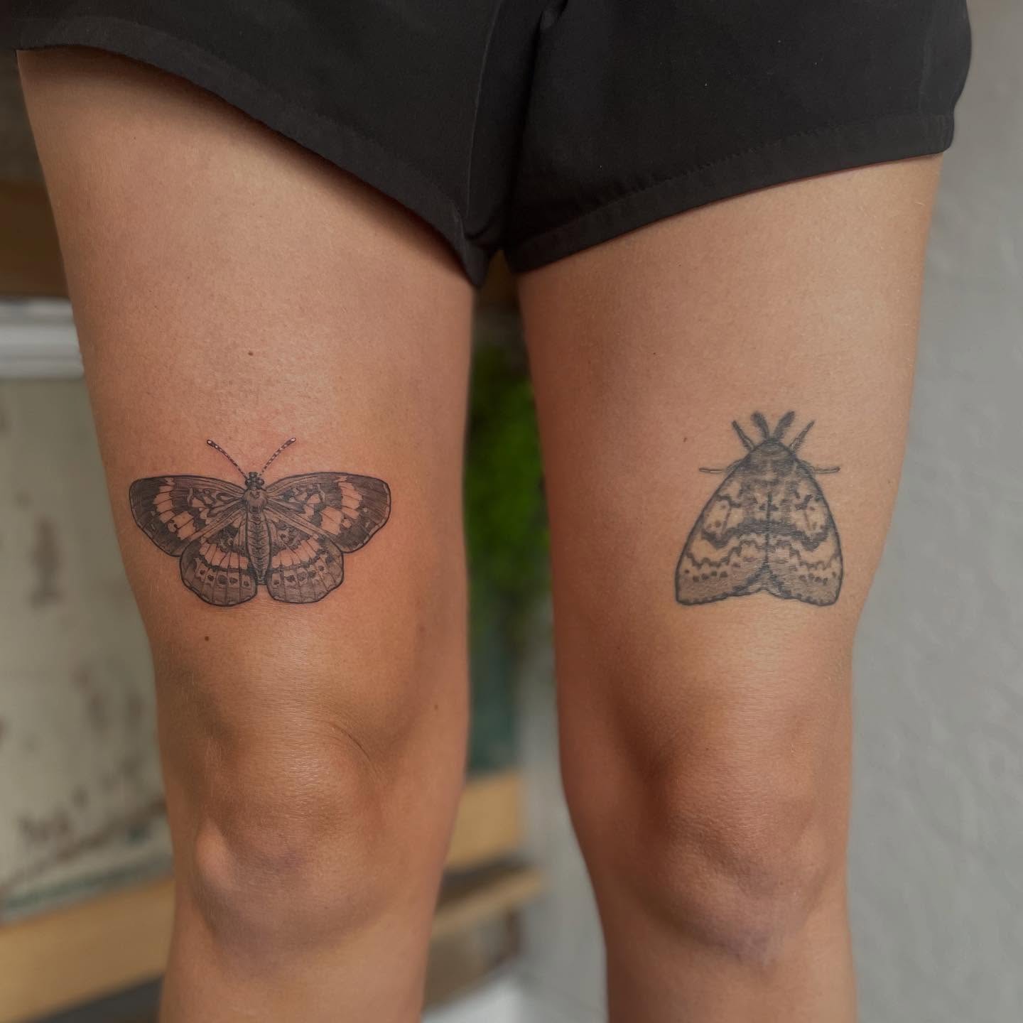 Butterfly moth black and grey tattoo on the thigh by Ally Easter, Berkeley, California