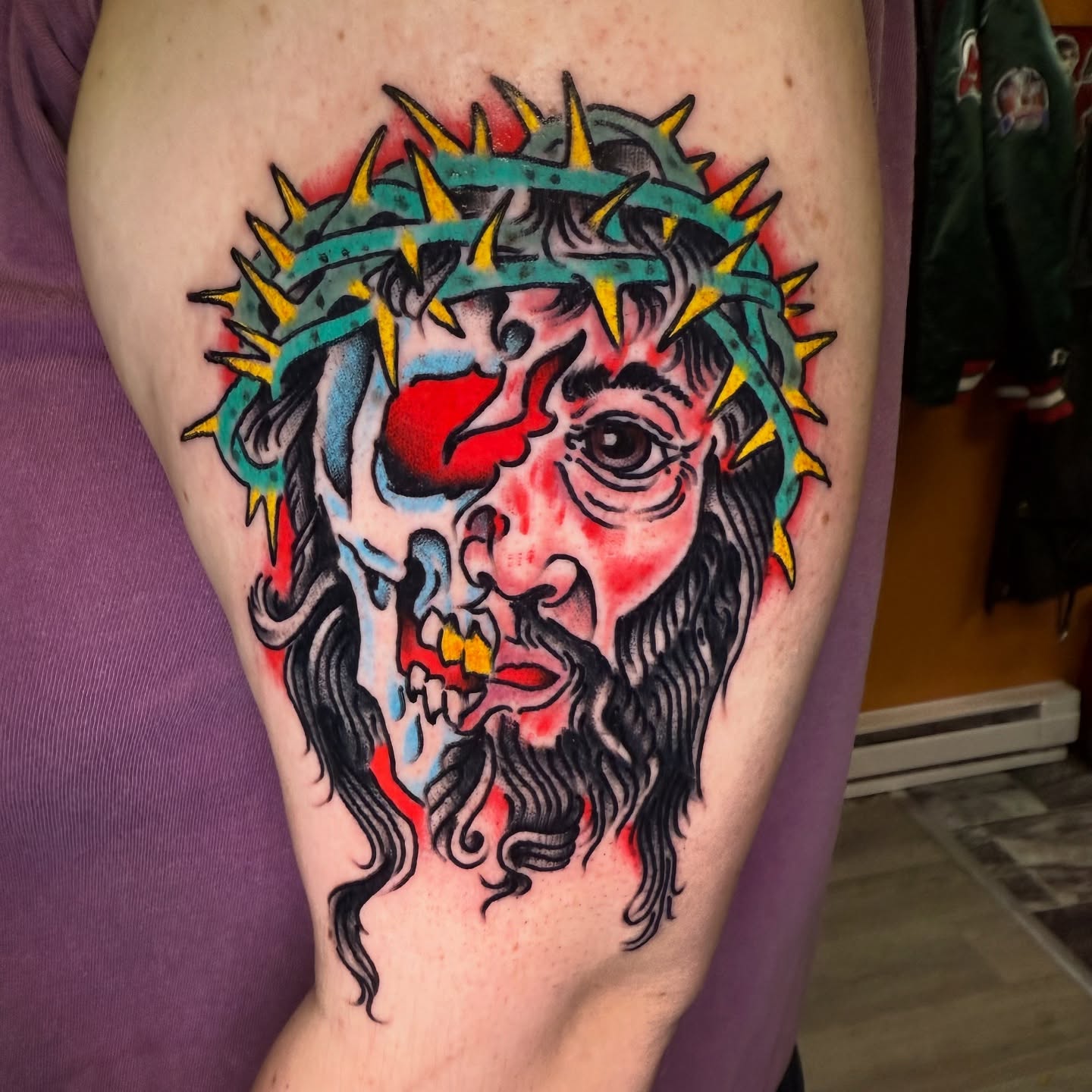 Jesus Christ American traditional tattoo on the thigh by Mike Dunn