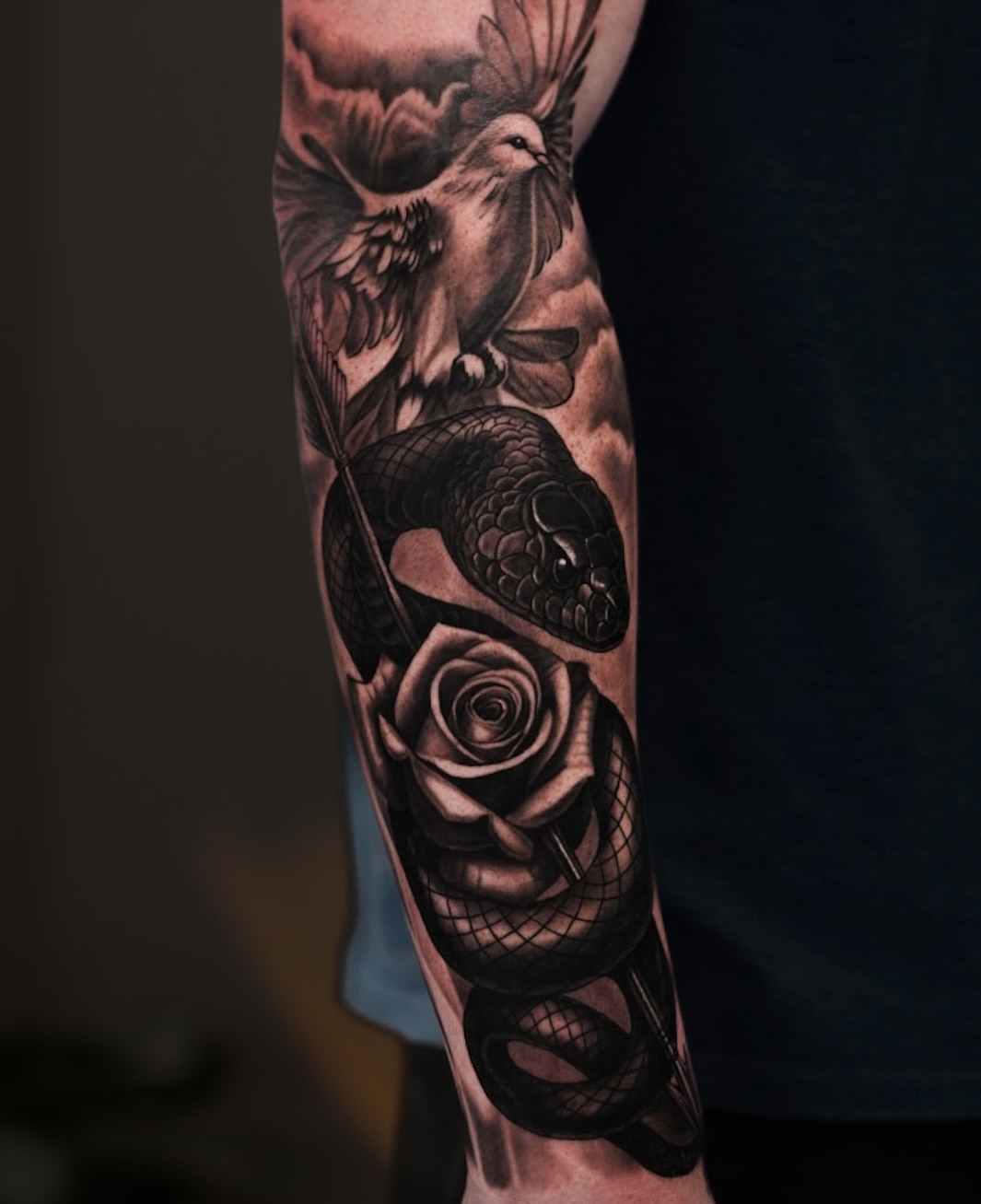 Snake and rose realism tattoo on the forearm by Nathan, Charlotte, North Carolina
