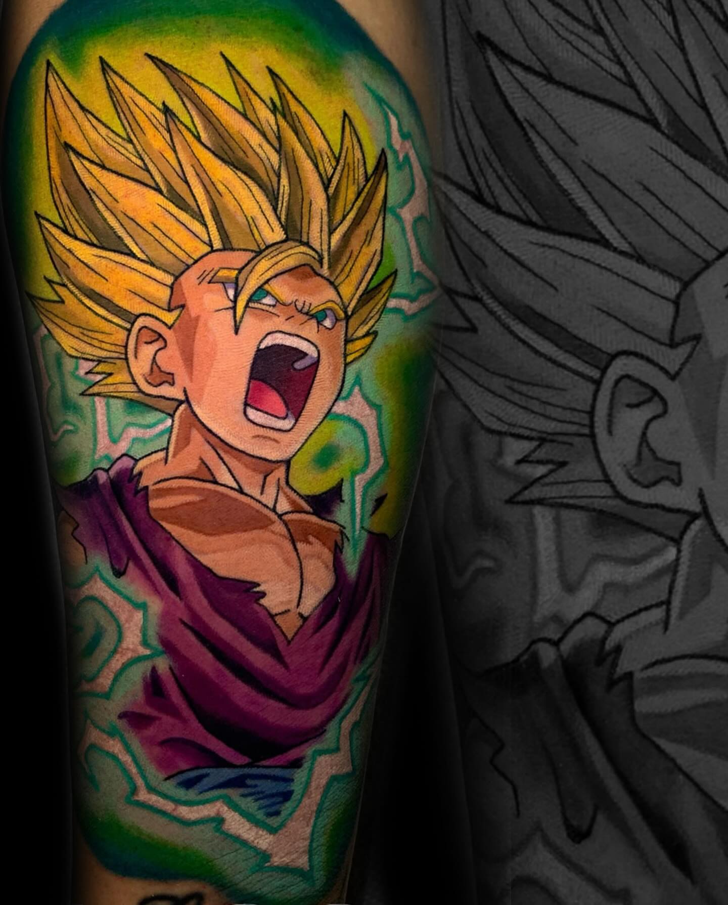 Super saiyan anime tattoo on the forearm by Tattoo Bam Bam