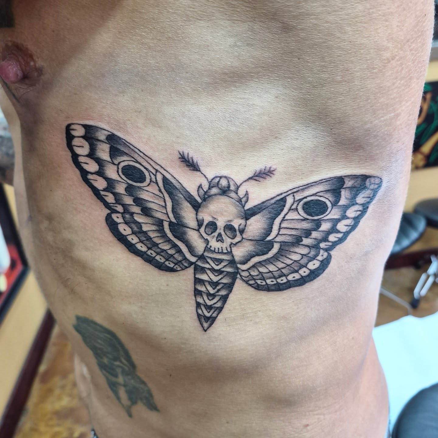 Moth with skull black and grey tattoo on the chest by Chris Bell