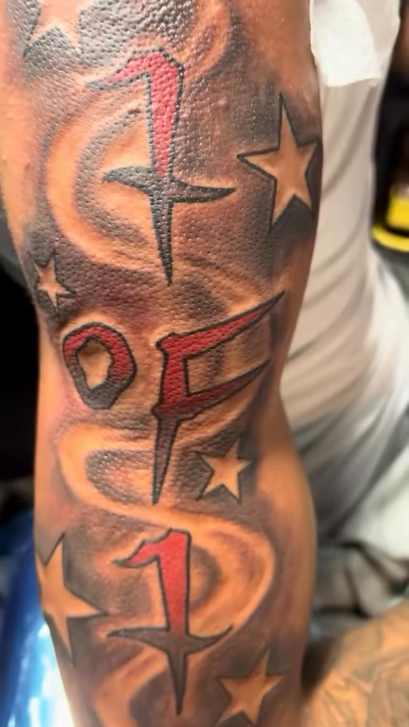 1 of 1 lettering script tattoo by CandiCoatedInk