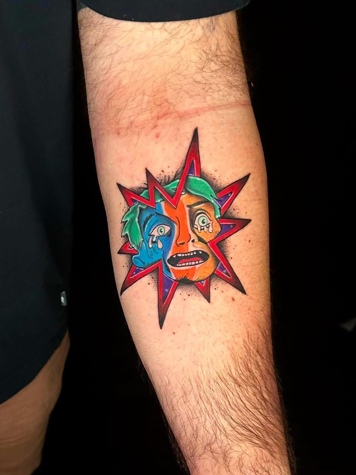 Split face dotwork tattoo on the forearm by Haleigh Cunningham, Charlotte, North Carolina
