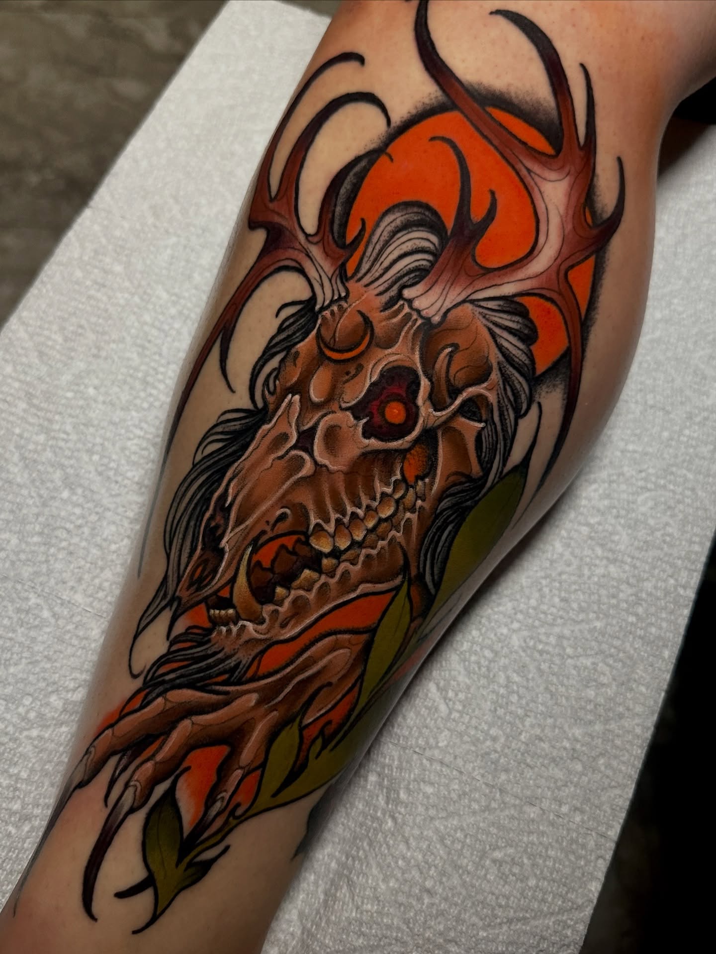 Skull with antlers dark realism tattoo on the forearm by 𝐀𝐮𝐬𝐭𝐢𝐧 𝐌𝐨𝐫𝐫𝐢𝐬𝐨𝐧 𝐓𝐚𝐭𝐭𝐨𝐨𝐬