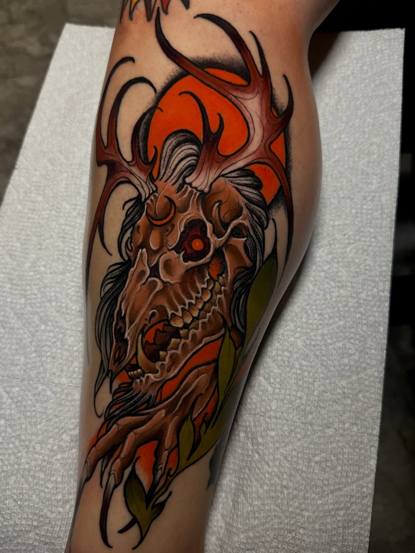 Deer skull American traditional tattoo on the forearm by 𝐀𝐮𝐬𝐭𝐢𝐧 𝐌𝐨𝐫𝐫𝐢𝐬𝐨𝐧 𝐓𝐚𝐭𝐭𝐨𝐨𝐬