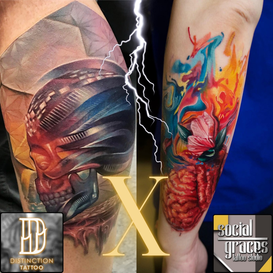 Skull and lightning geometric tattoo on the forearm by Justin Shelpman
