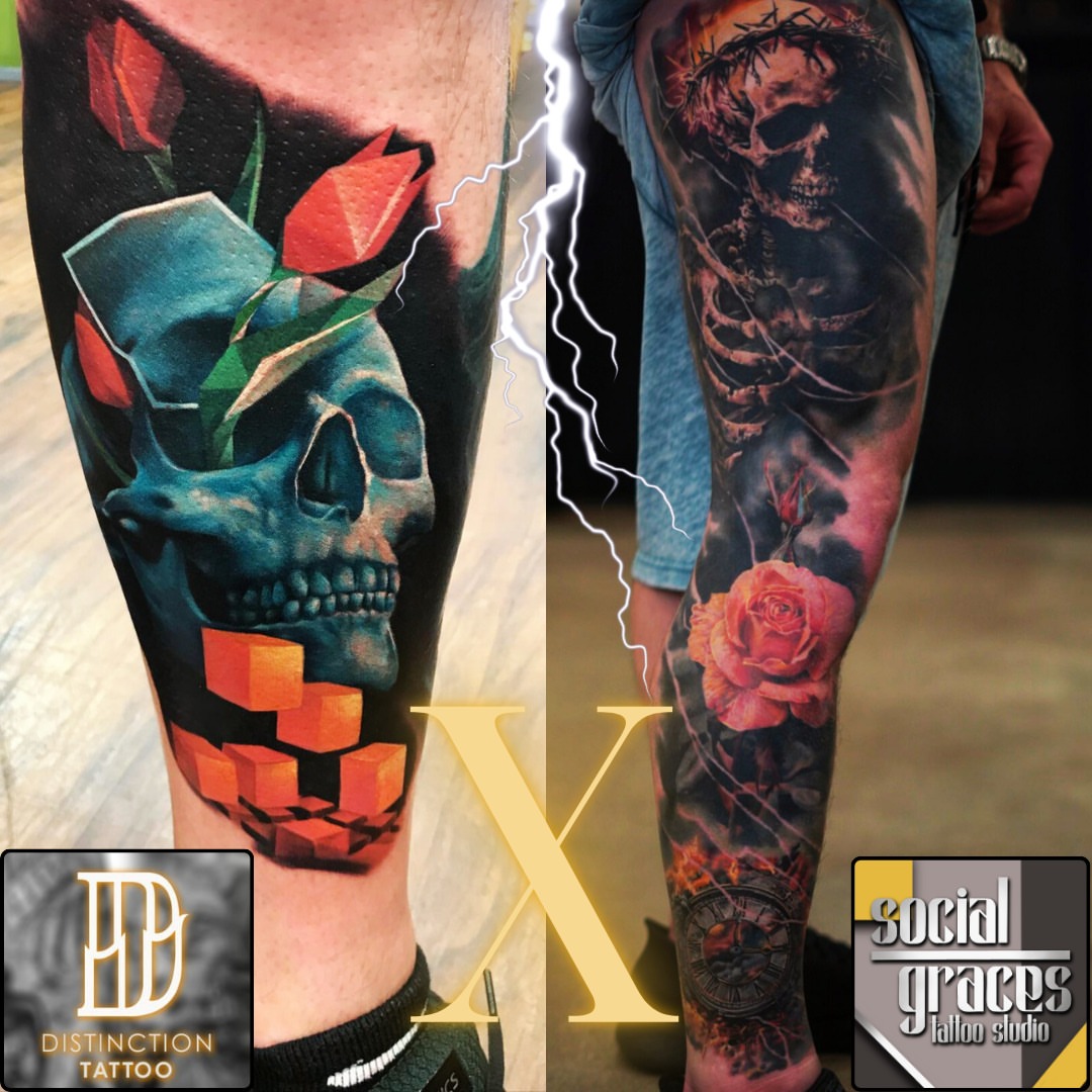 Skull and roses dark realism tattoo on the forearm by Justin Shelpman