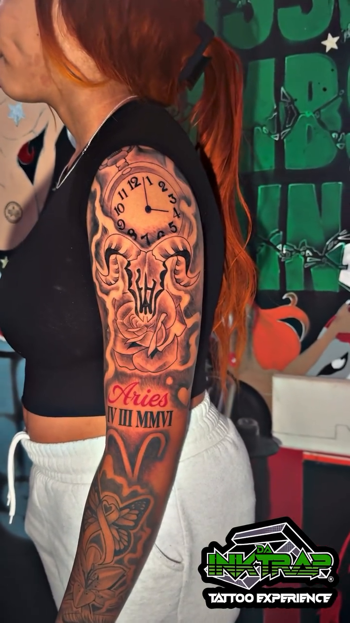 Clock and ram skull realism tattoo by Atlanta Tattoo Artist βπ½