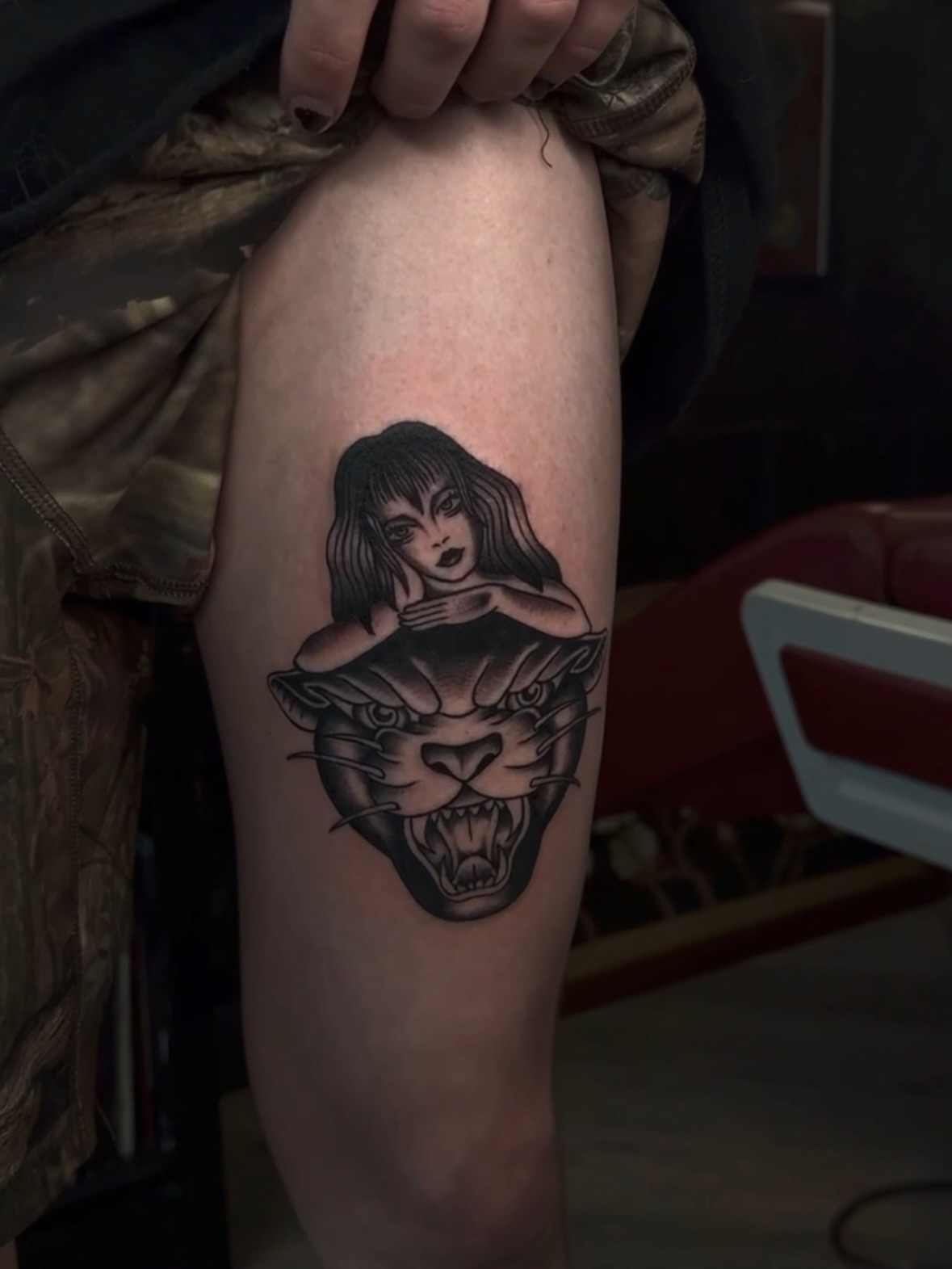 Woman and panther black and grey tattoo on the thigh by πππͺ‘