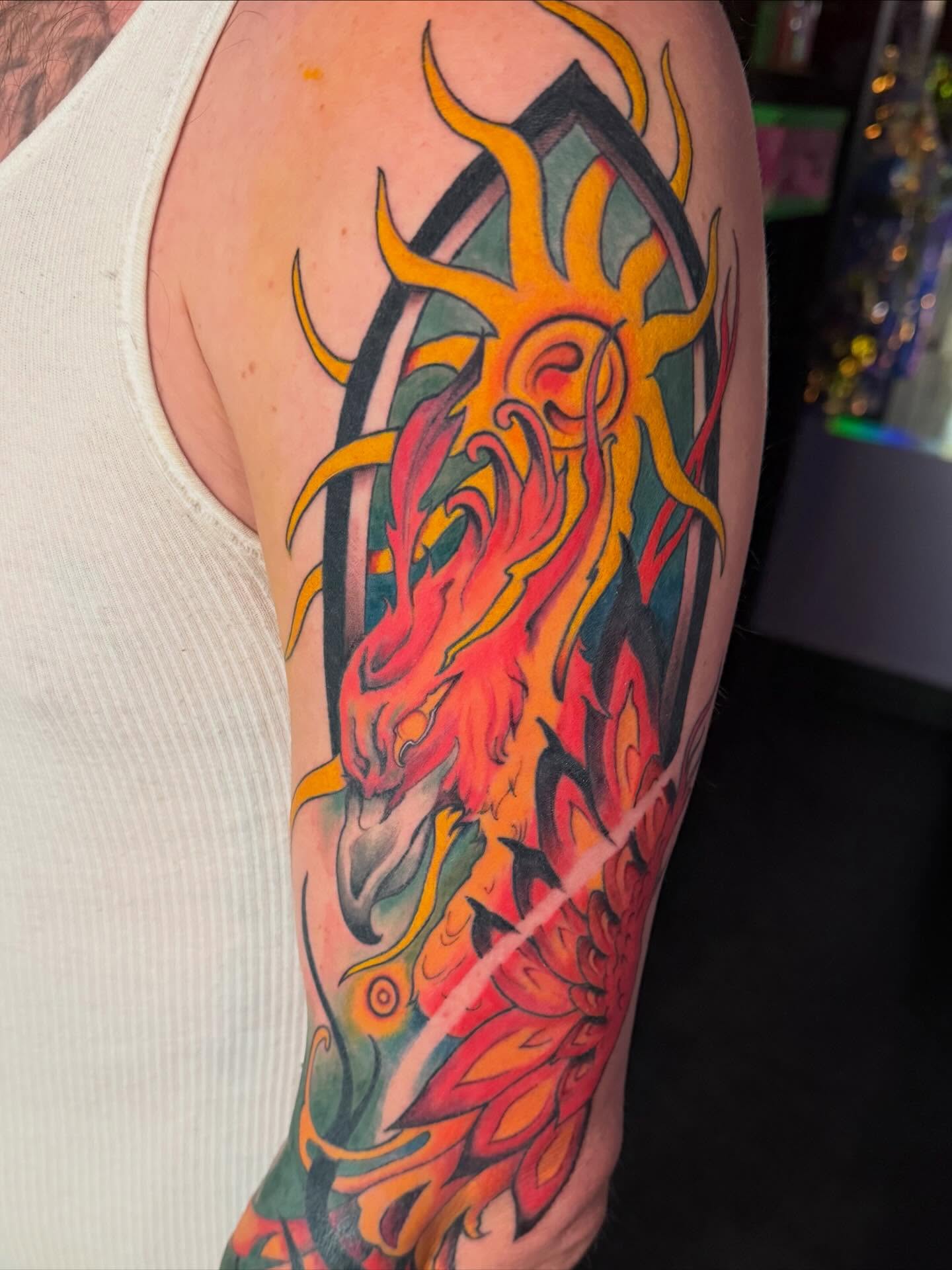 Flaming dragon new school tattoo on the forearm by ✨Jen Lochbihler✨, Dickson, Tennessee