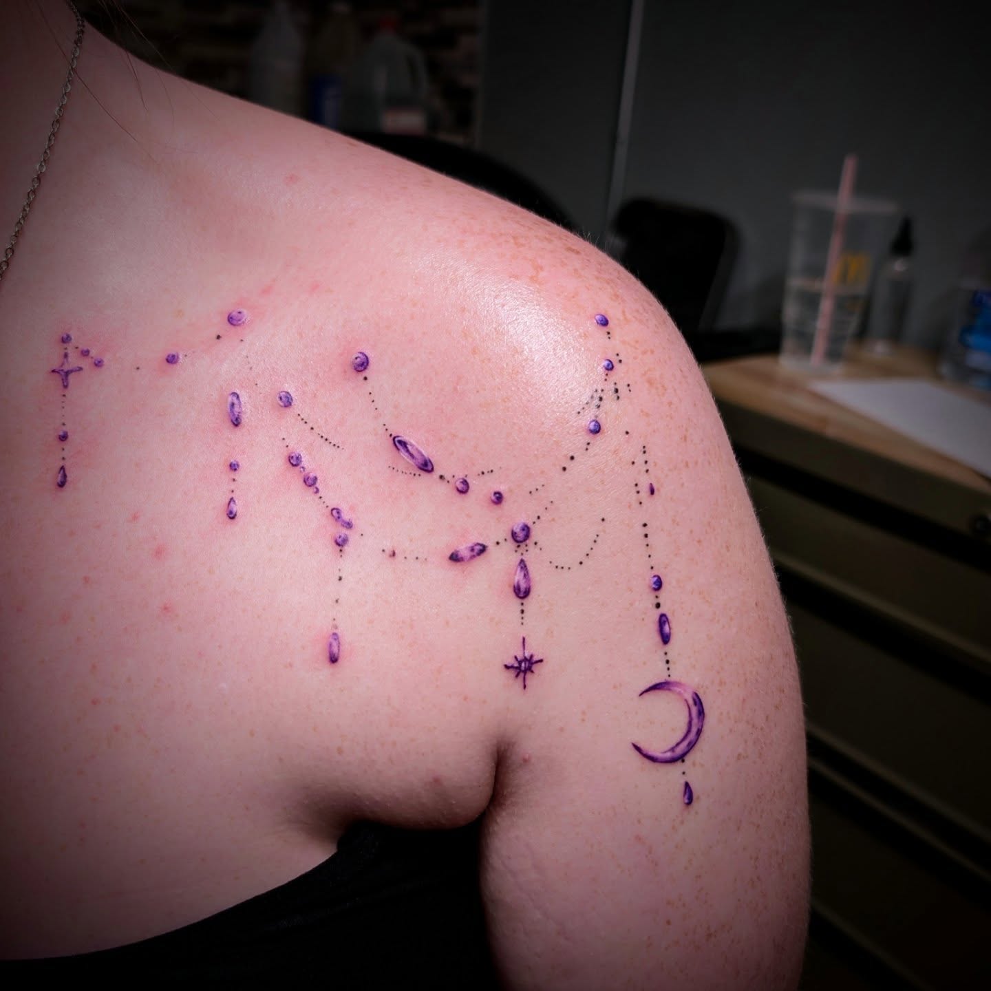 Constellation dotwork tattoo on the shoulder by Rhiannon