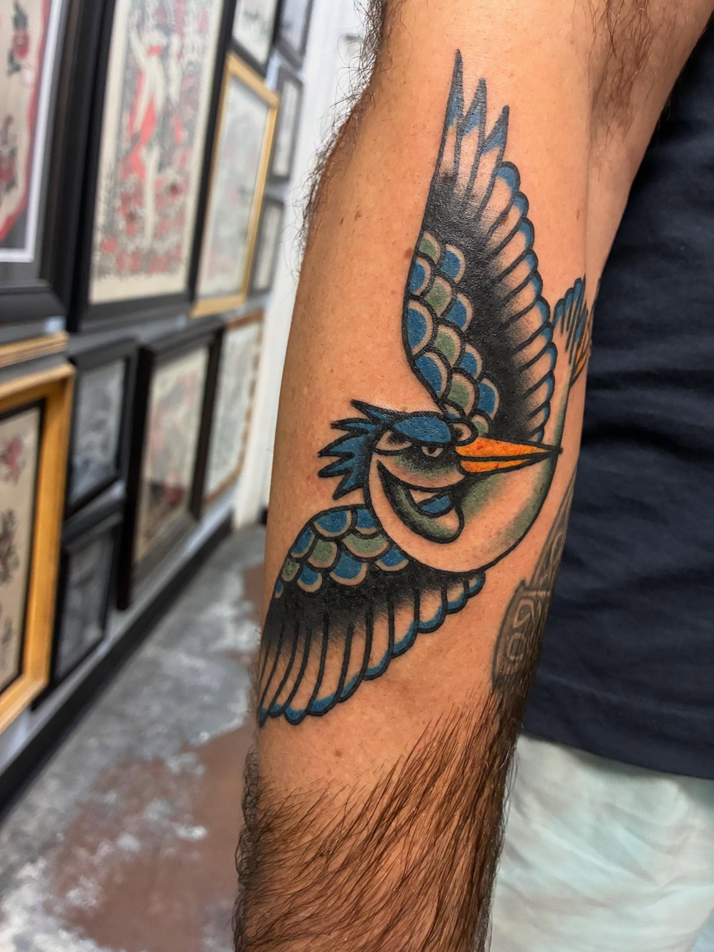 Bird American traditional tattoo on the forearm by Chrissie