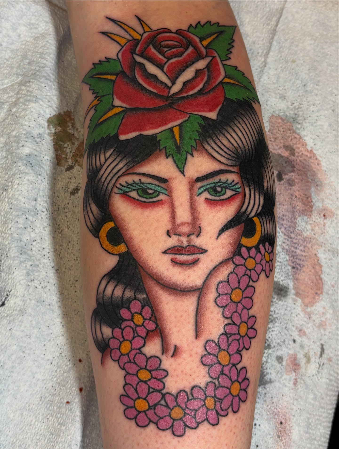 Woman with floral crown American traditional tattoo on the forearm by Cam TallBoy SLC Tattoo Artist, Salt Lake City, Utah