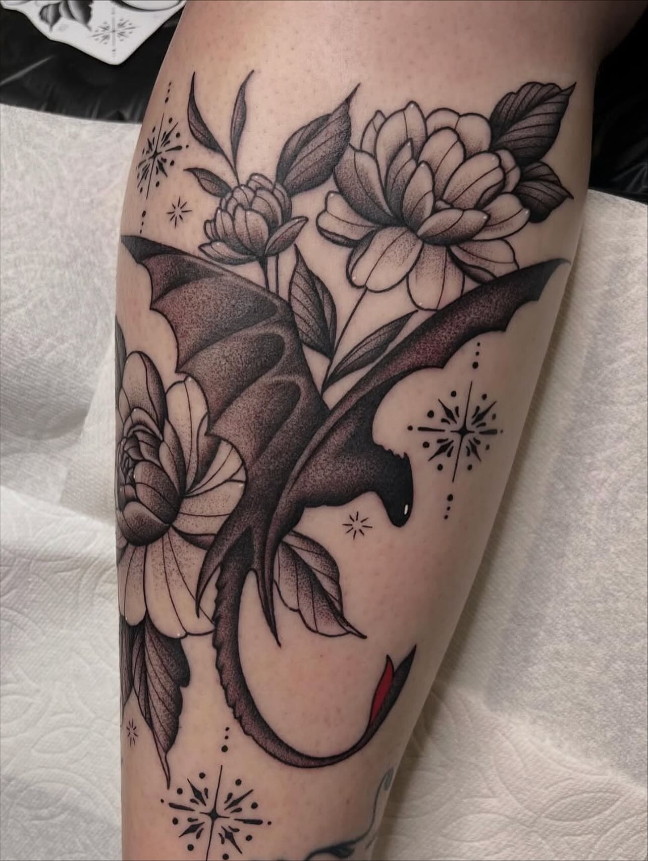 Tattoo by @molliecooltattoos — black_and_grey, dotwork
