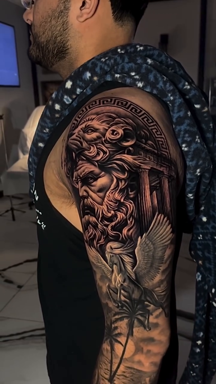 Medusa head with architectural elements realism tattoo by Mariella Elizabeth Paul ππ€
