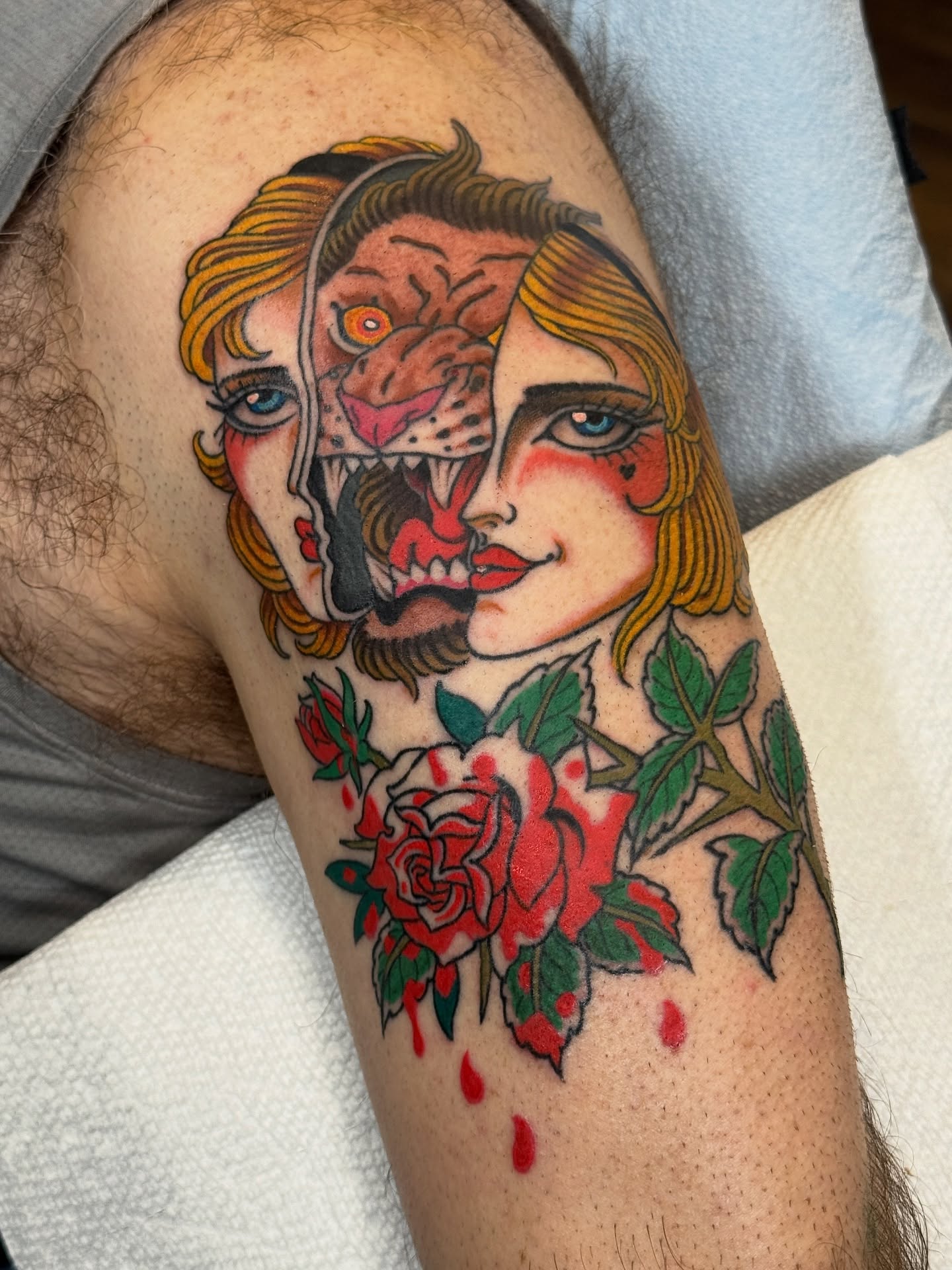 Woman with lion American traditional tattoo on the forearm by Christopher  Cousins, Nashville, Tennessee