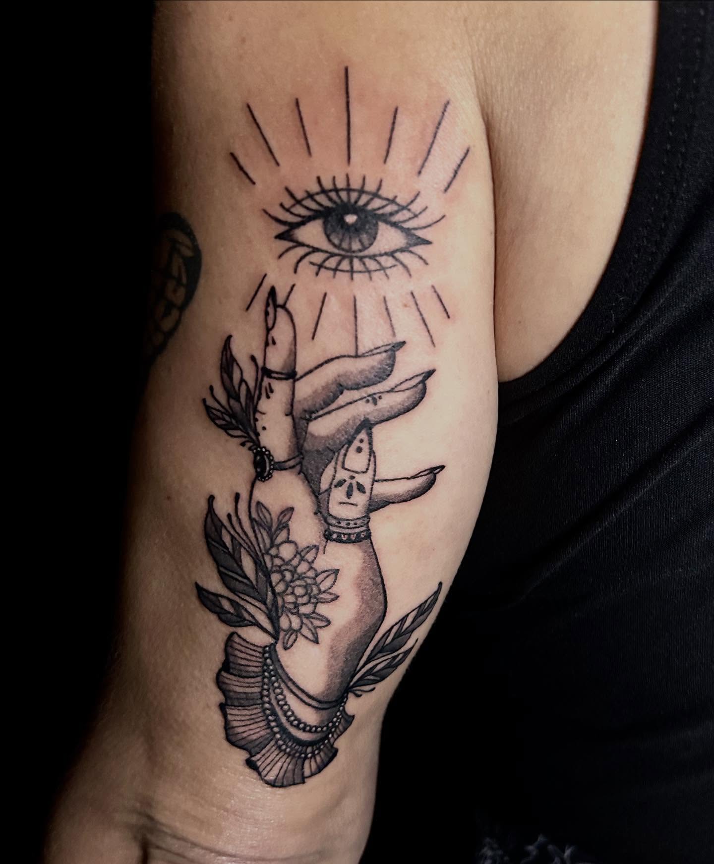 Eye and hand black and grey tattoo on the forearm by Tash ๐โ๐ฉ