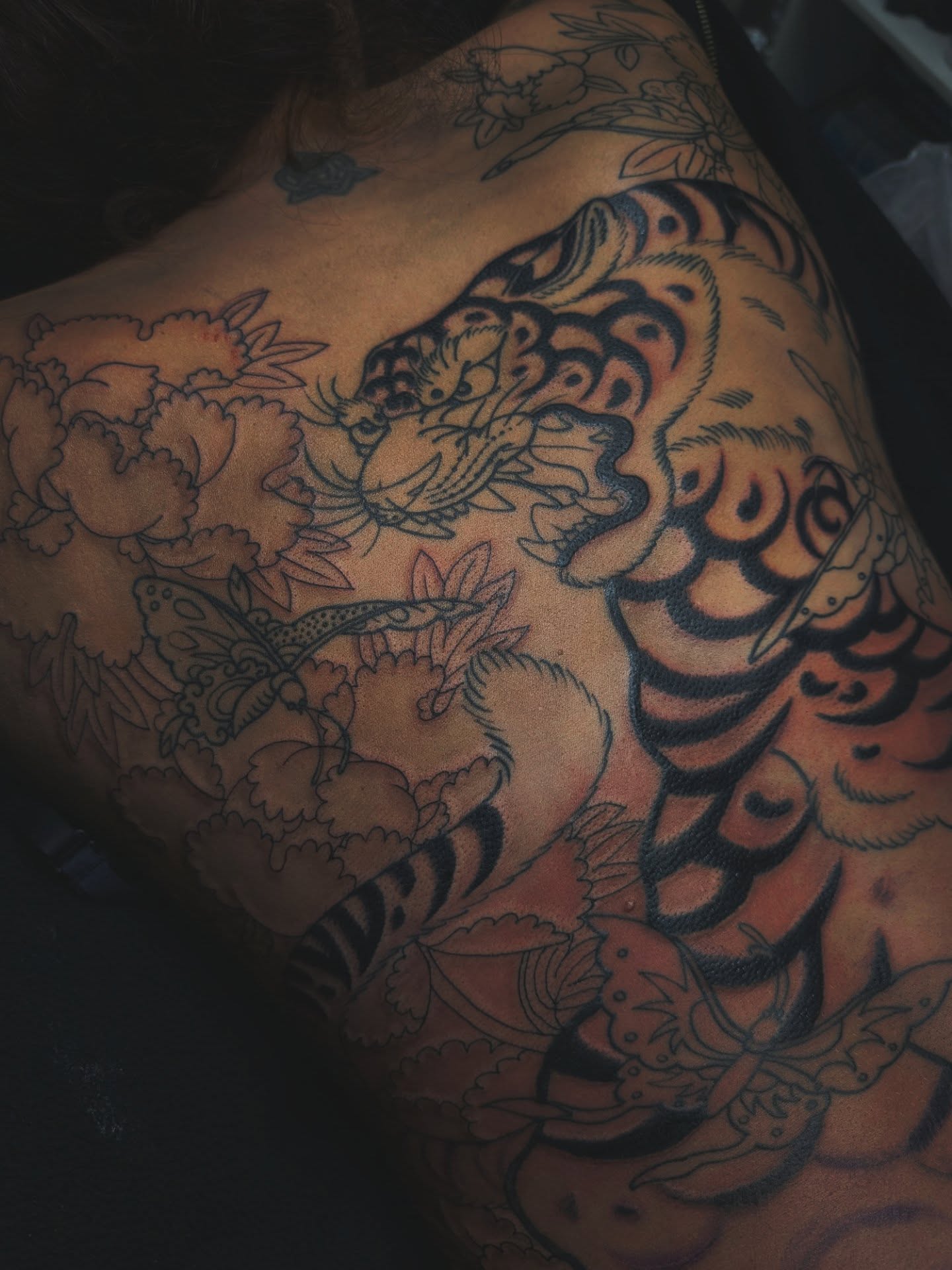 Tiger and clouds American traditional tattoo on the back by Angela Mukai