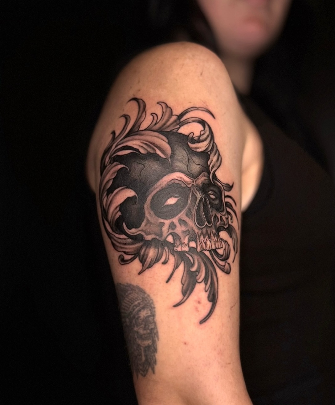 Skull black and grey tattoo on the forearm by Jewels, St. George, Utah