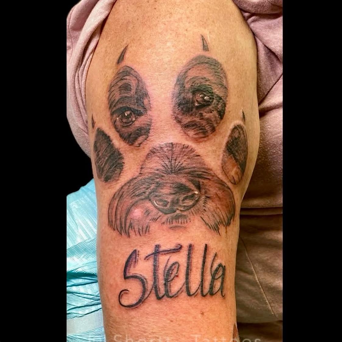 Dog paw realism tattoo on the forearm by Brie Marie