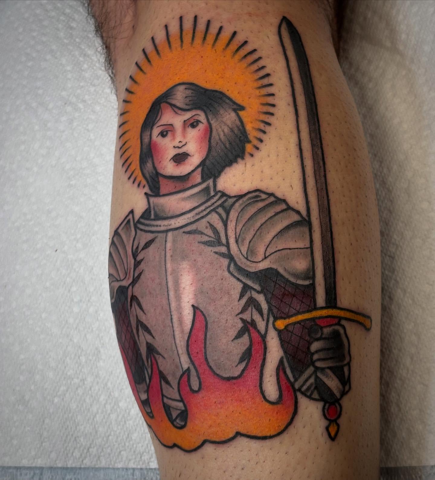 Female knight American traditional tattoo on the forearm by Brandi ⛓, Detroit, Michigan