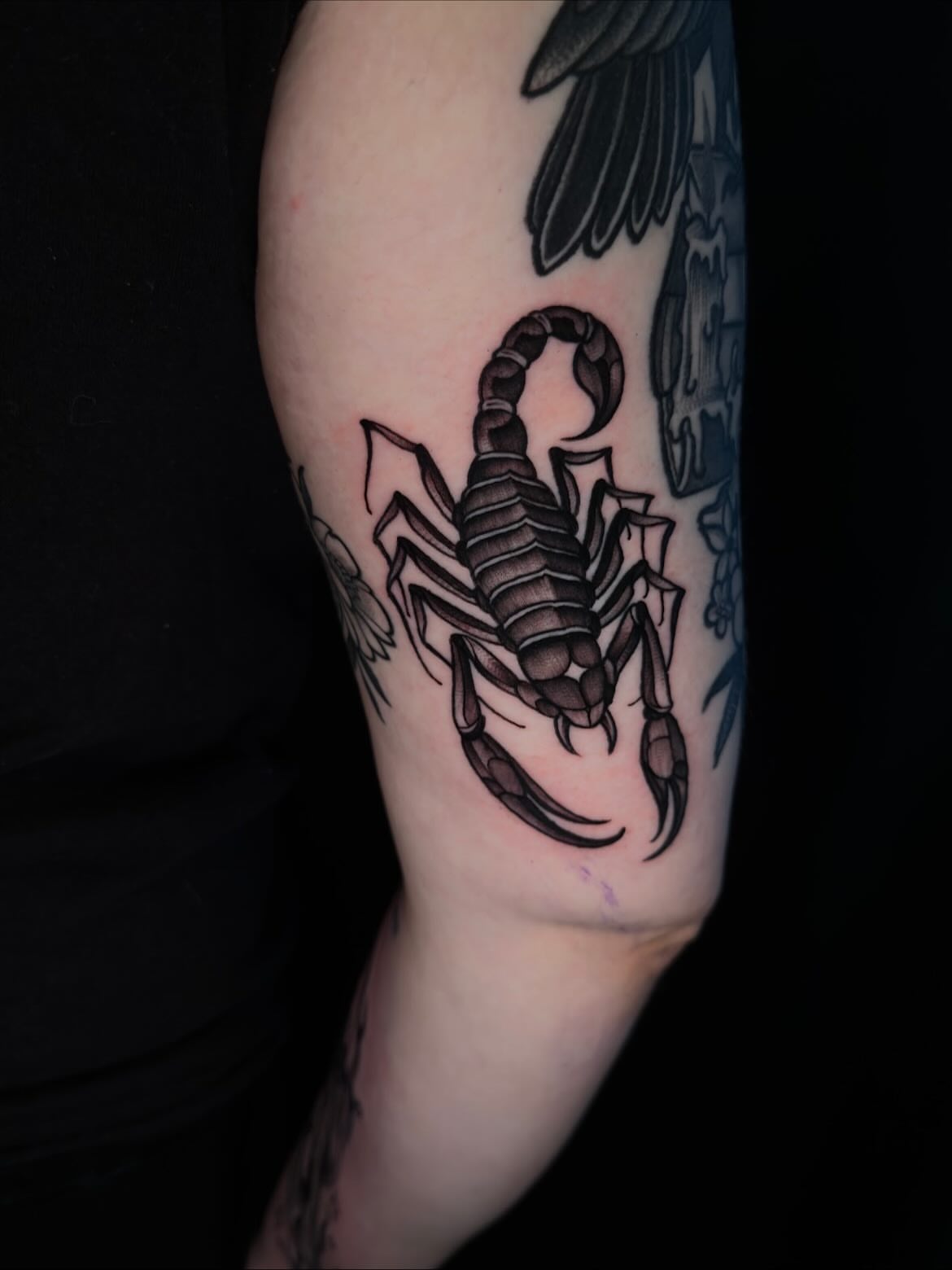 Scorpion black and grey tattoo on the forearm by Jessica Haug