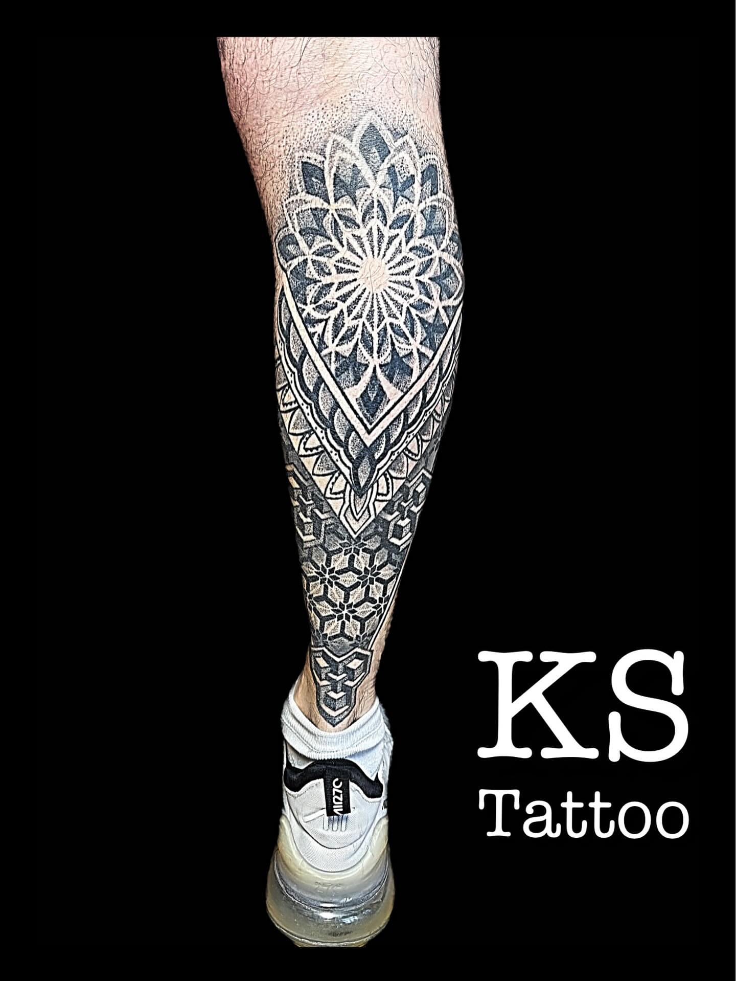 Geometric mandala geometric tattoo on the calf by Karen Smith