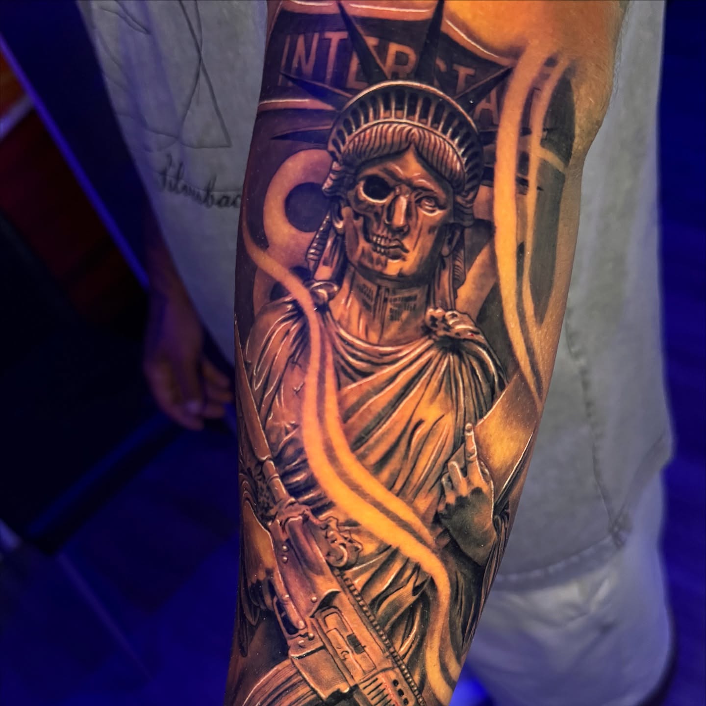 Statue of liberty skeleton realism tattoo on the forearm by Raw Hound, Hialeah, Florida