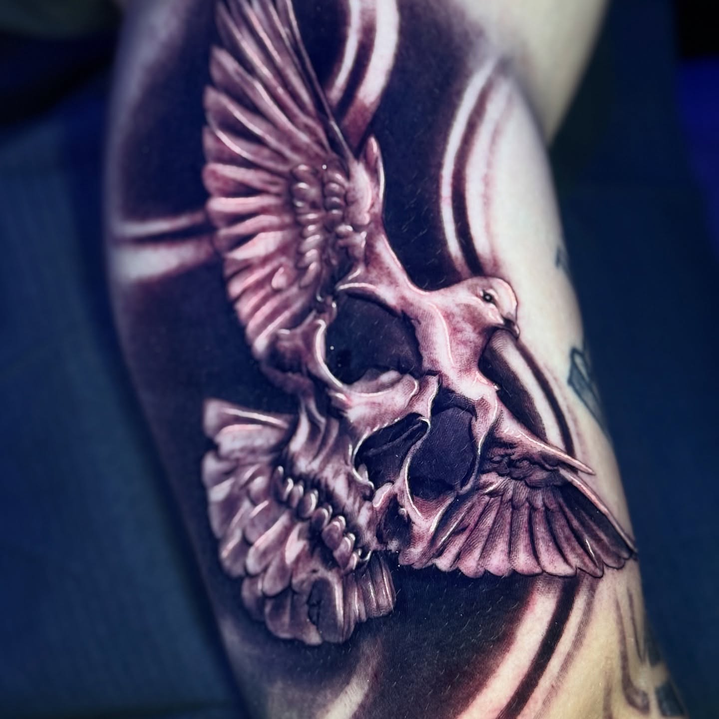 Skull with dove realism tattoo on the forearm by Raw Hound, Hialeah, Florida