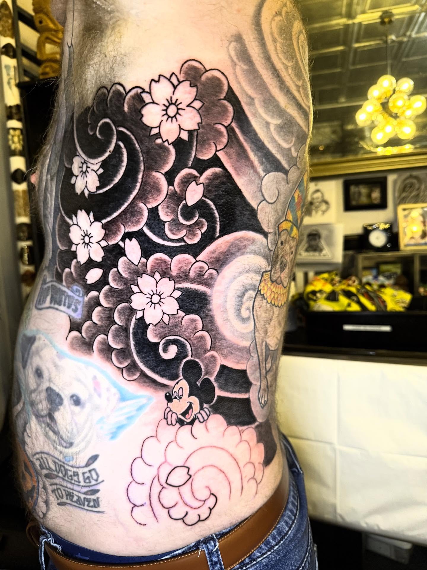 Mickey mouse japanese irezumi tattoo on the torso by Patrick Cornolo