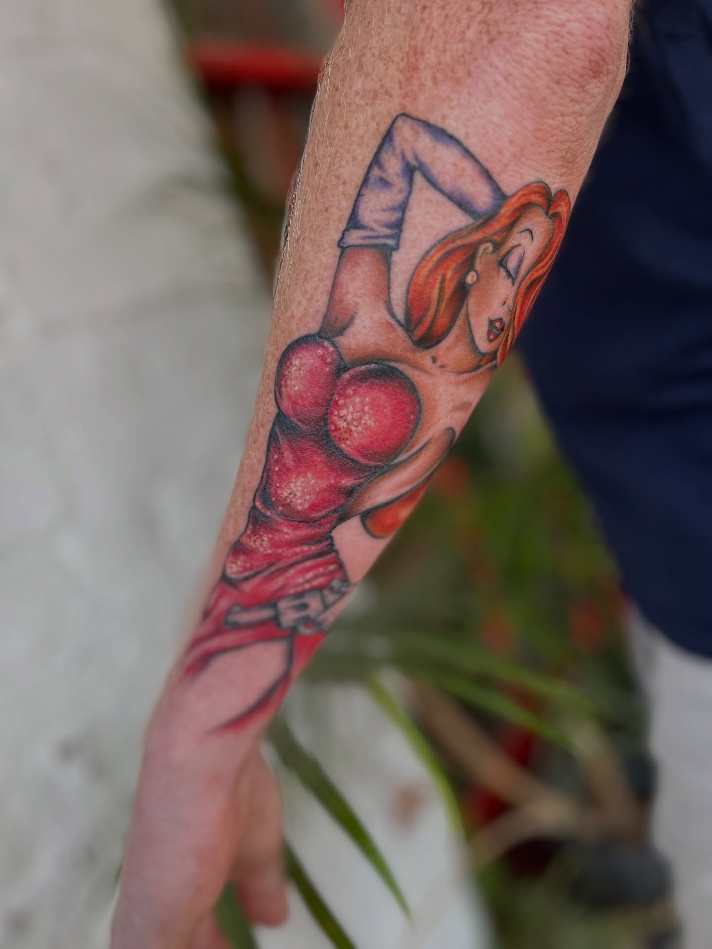 Pin-up girl American traditional tattoo on the forearm by ✨ Chris ✨