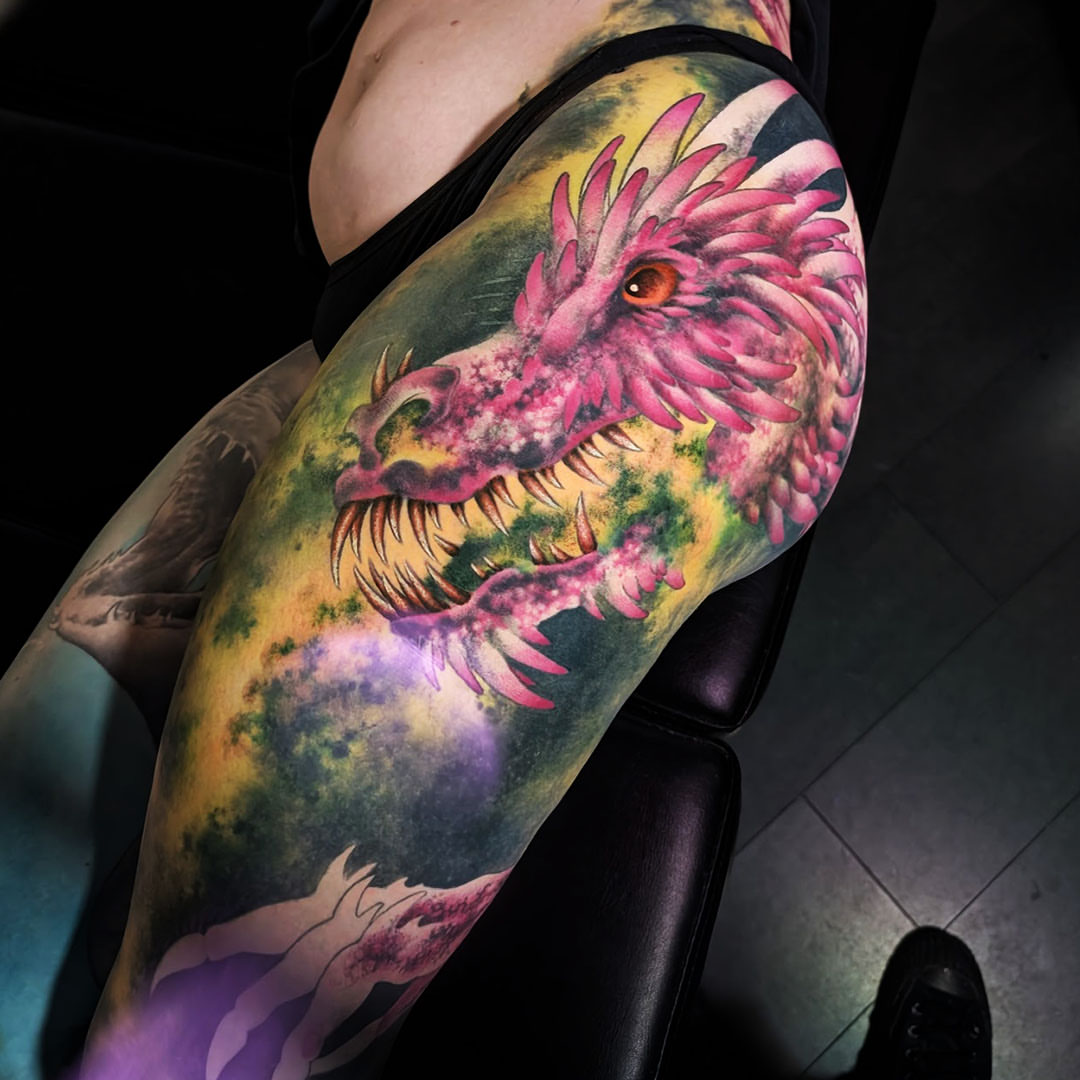 Dragon realism tattoo on the thigh by Dave Chercourt, Willoughby, Ohio