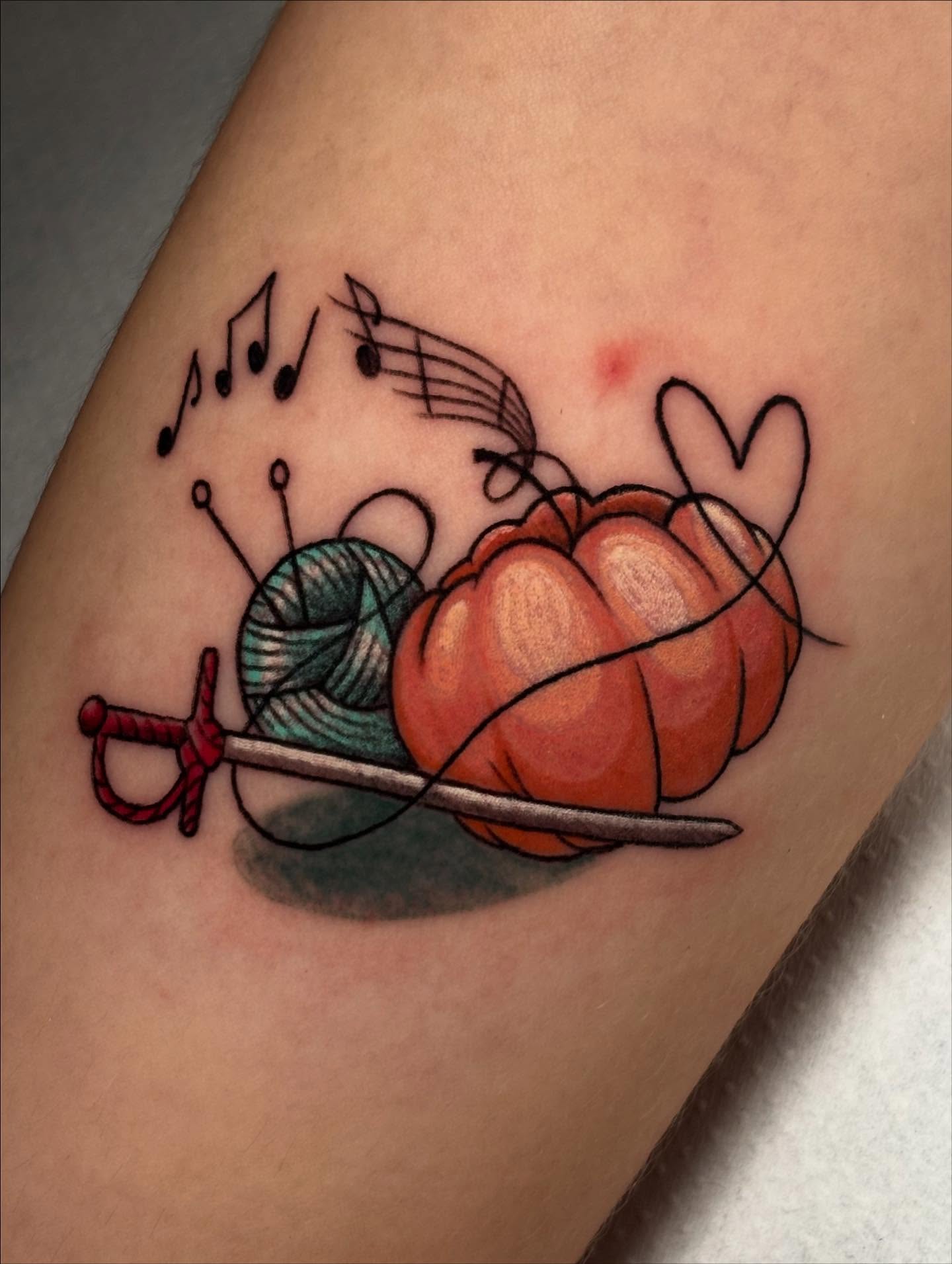 Knitting tools new school tattoo on the forearm by Marta La Jirafa